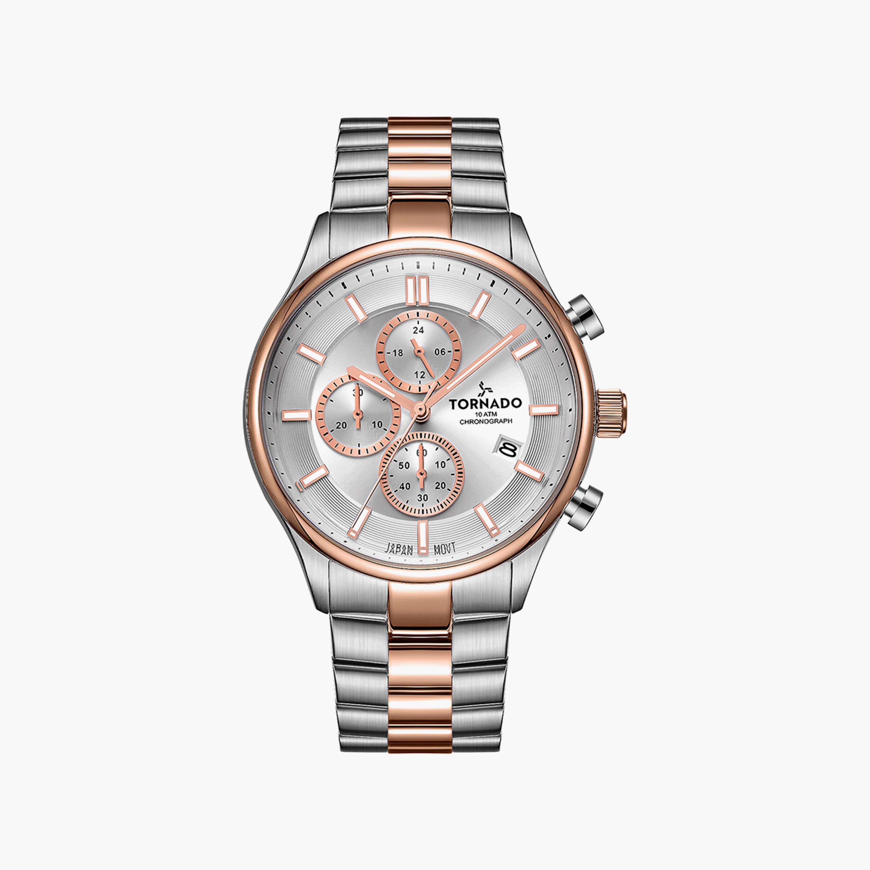 ساعة تورنادو للرجال باللون الفضي والذهبي الوردي وبسوار ستانلس ستيل | T6106B-KBKW-men-watchesandjewellery-watches-image-1