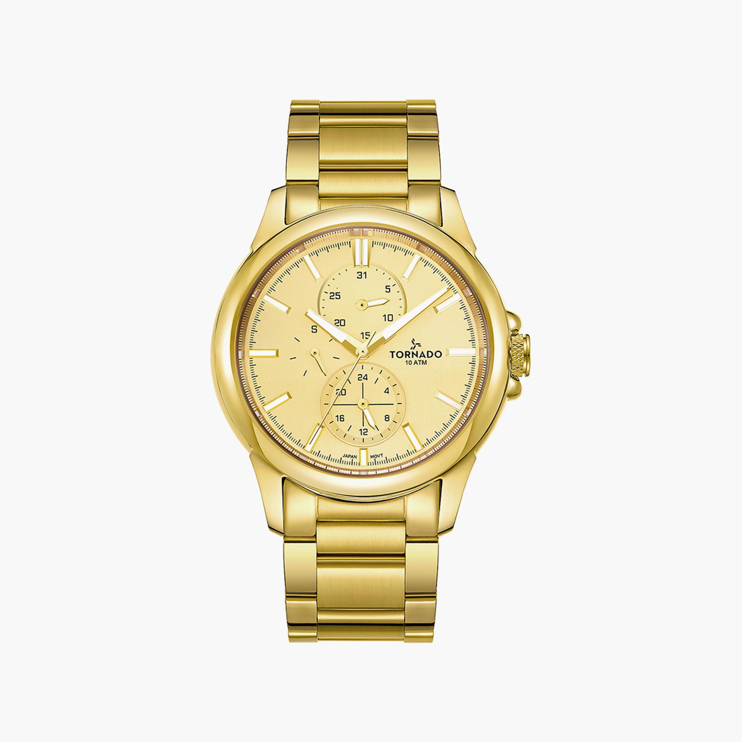 ساعة تورنادو للرجال ذهبية متعددة الوظائف بسوار ستانلس ستيل | T6107-GBGC-men-watchesandjewellery-watches-image-1