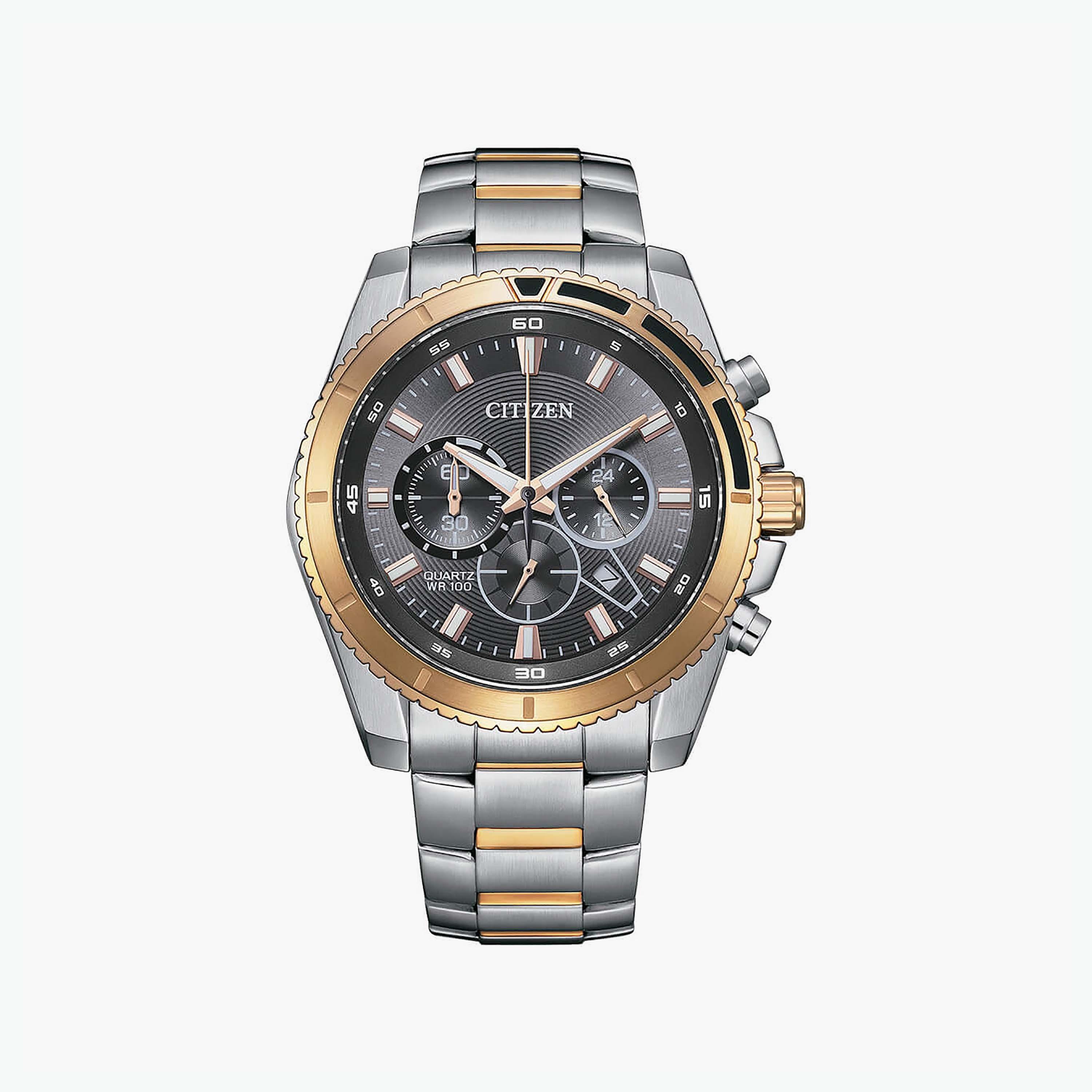 Citizen Men's 46 MM Silver & Gold Chronograph Stainless Steel Strap Watch | AN8204-59H-men-watchesandjewellery-watches-image-1