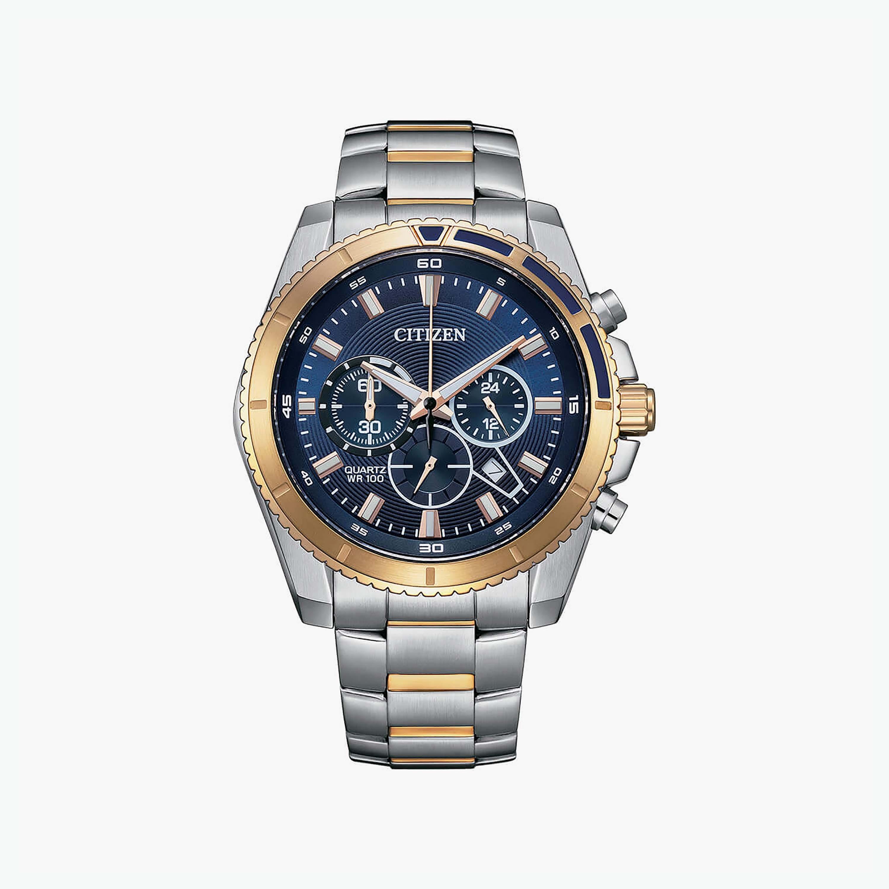 Citizen Men's 46 MM Silver & Gold Chronograph Stainless Steel Strap Watch | AN8206-53L-men-watchesandjewellery-watches-image-1