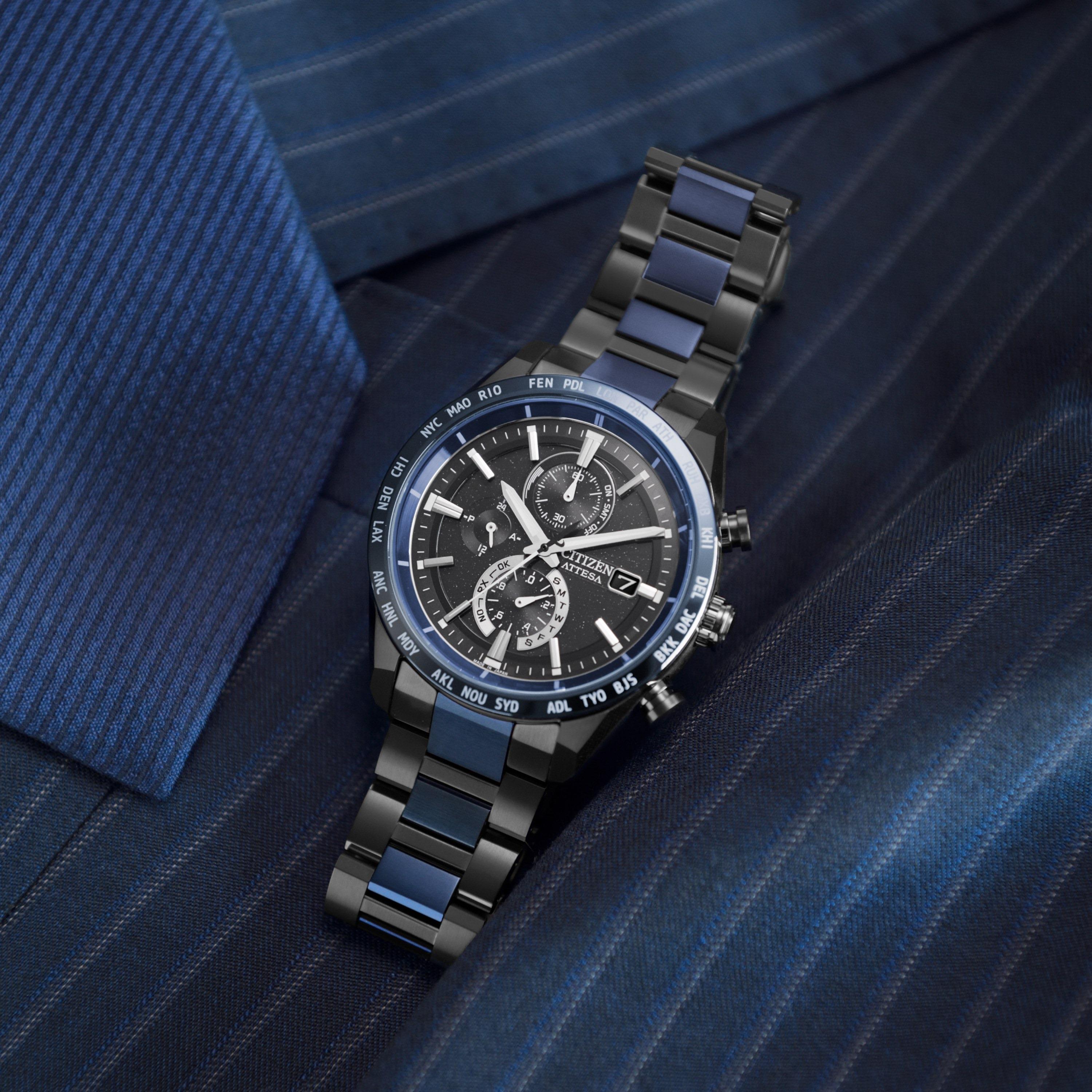 Citizen Eco-Drive Men's 42 MM Black & Blue Chronograph Titanium Strap Watch | AT8187-75E-men-watchesandjewellery-watches-image-3