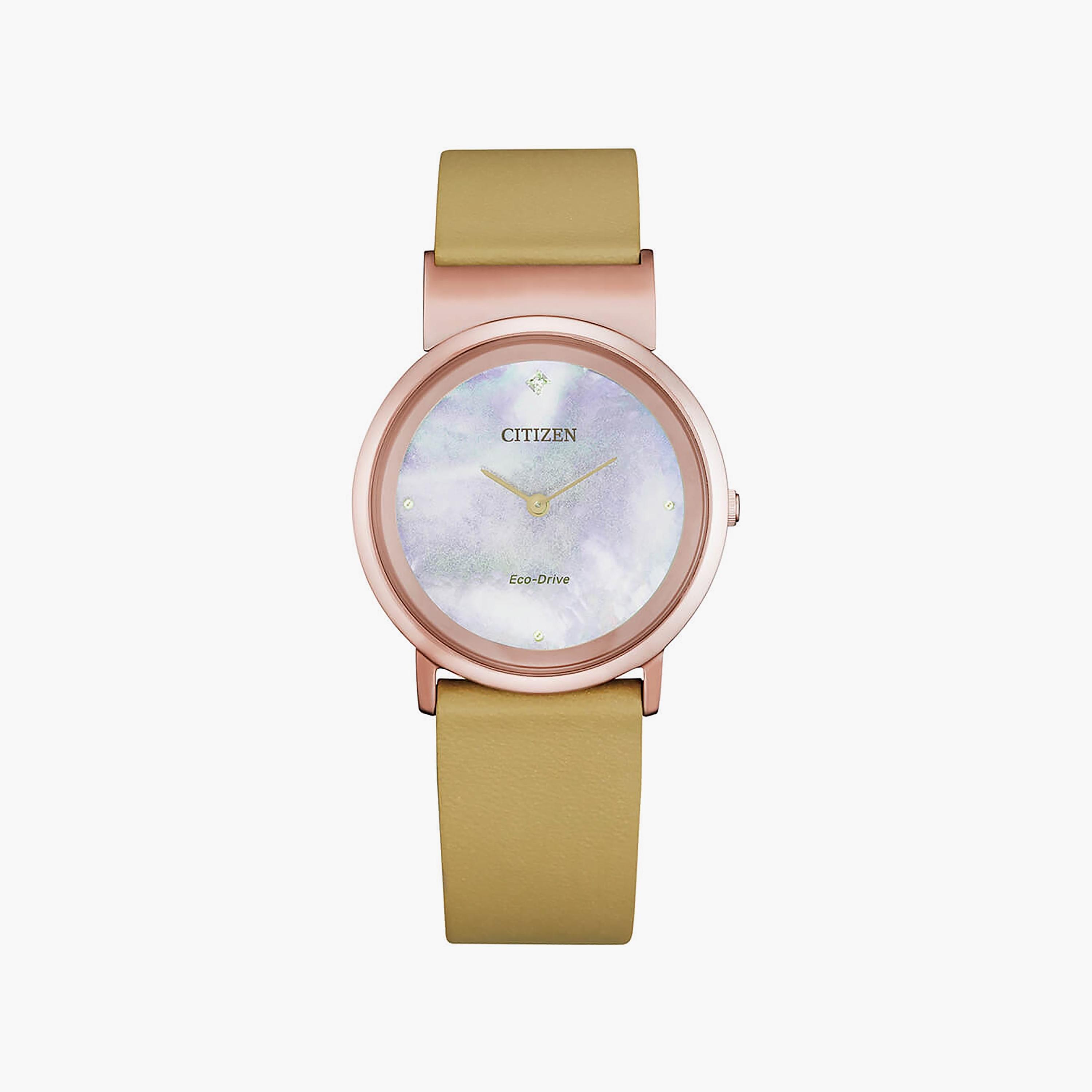 ساعة سيتيزن ذو 31 ملم مع انالوج بسوار من الجلد الصناعي باللون البيج | EG7073-16Y-women-watchesandjewellery-watches-image-1