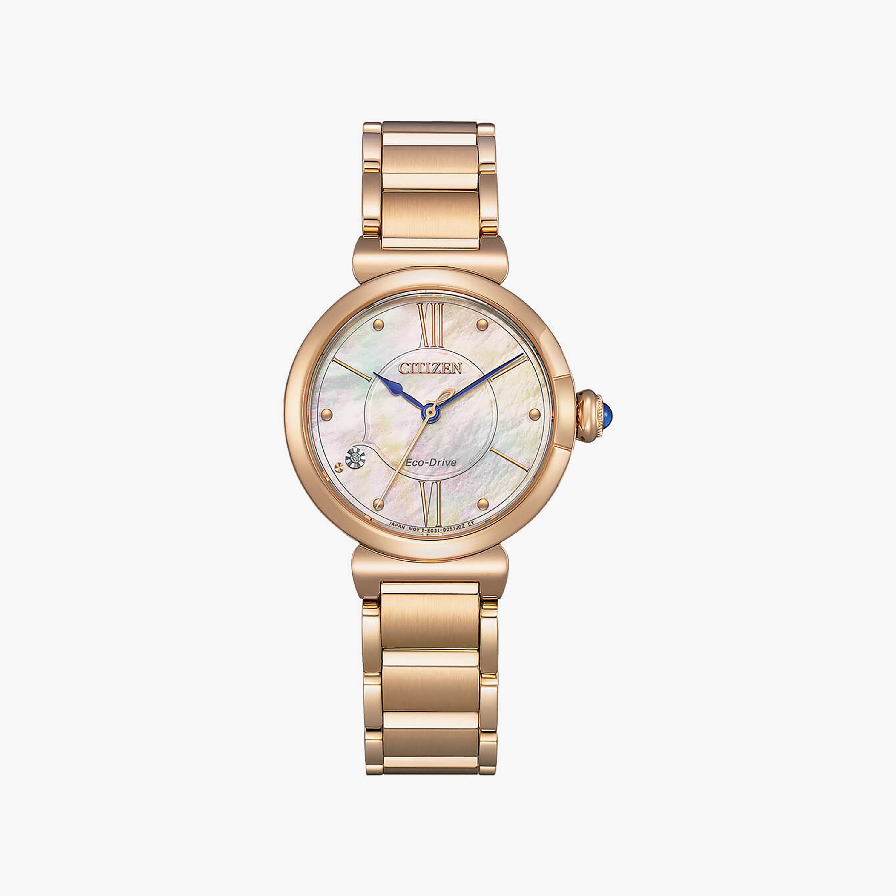 ساعة سيتيزن ذو 30 ملم بلون ذهبي وردي مع انالوج بسوار ستانلس ستيل | EM1073-85Y-women-watchesandjewellery-watches-image-1