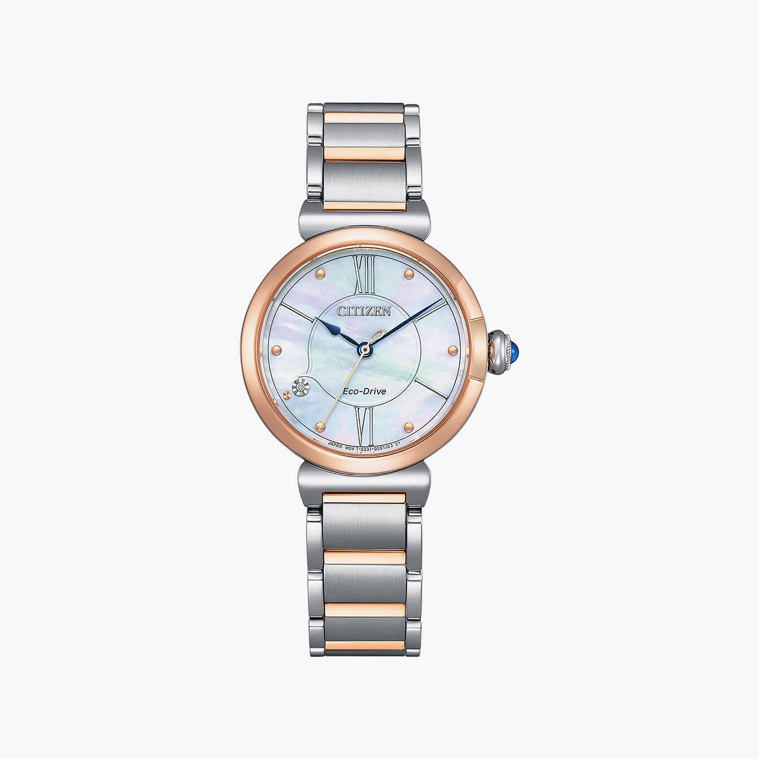 ساعة سيتيزن ذو 30 ملم بلون ذهبي وردي وفضي مع انالوج بسوار ستانلس ستيل | EM1074-82D-women-watchesandjewellery-watches-image-1