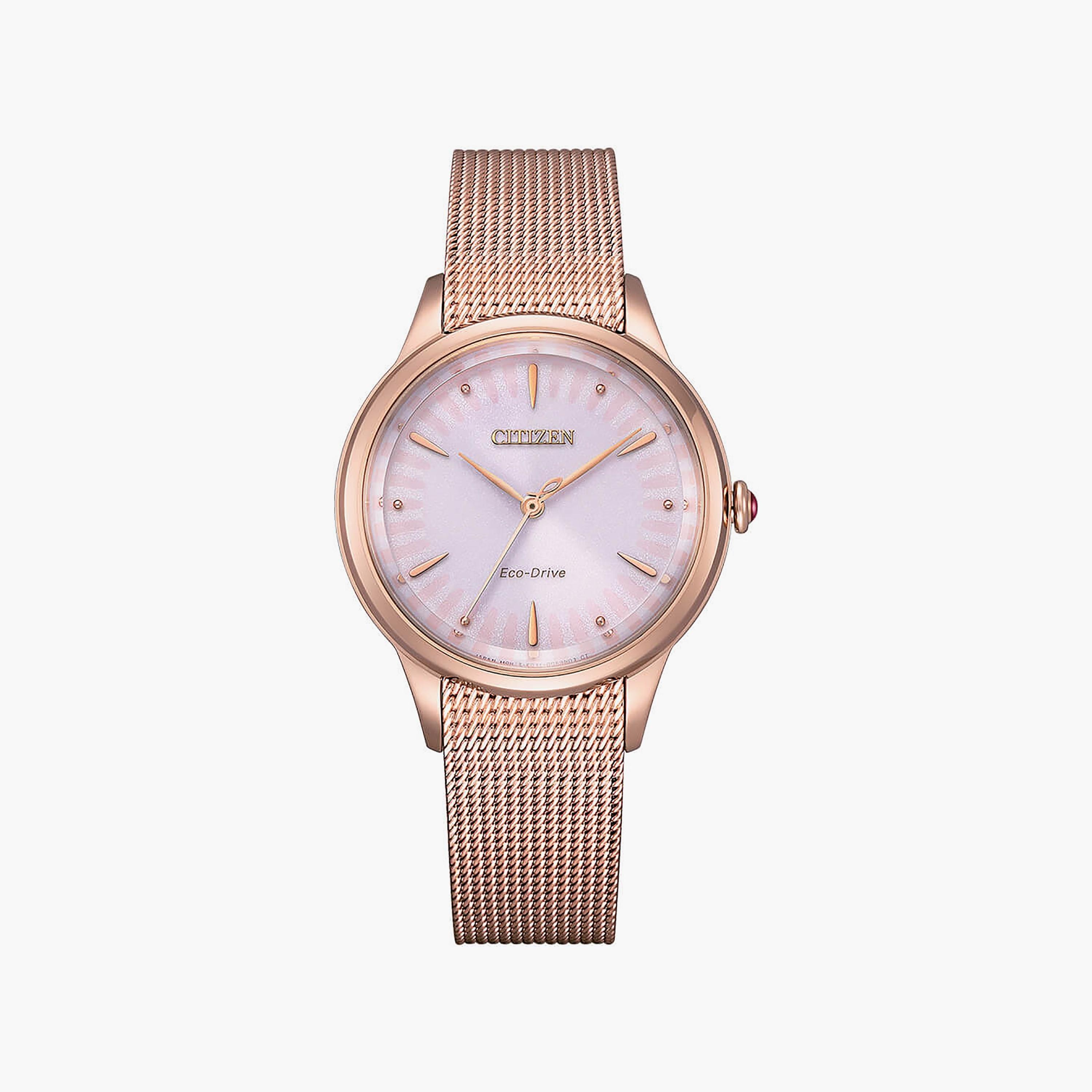 ساعة سيتيزن ذو 33 ملم بلون ذهبي وردي مع انالوج بسوار شبكي من ستانلس ستيل | EM0819-80X-women-watchesandjewellery-watches-image-1