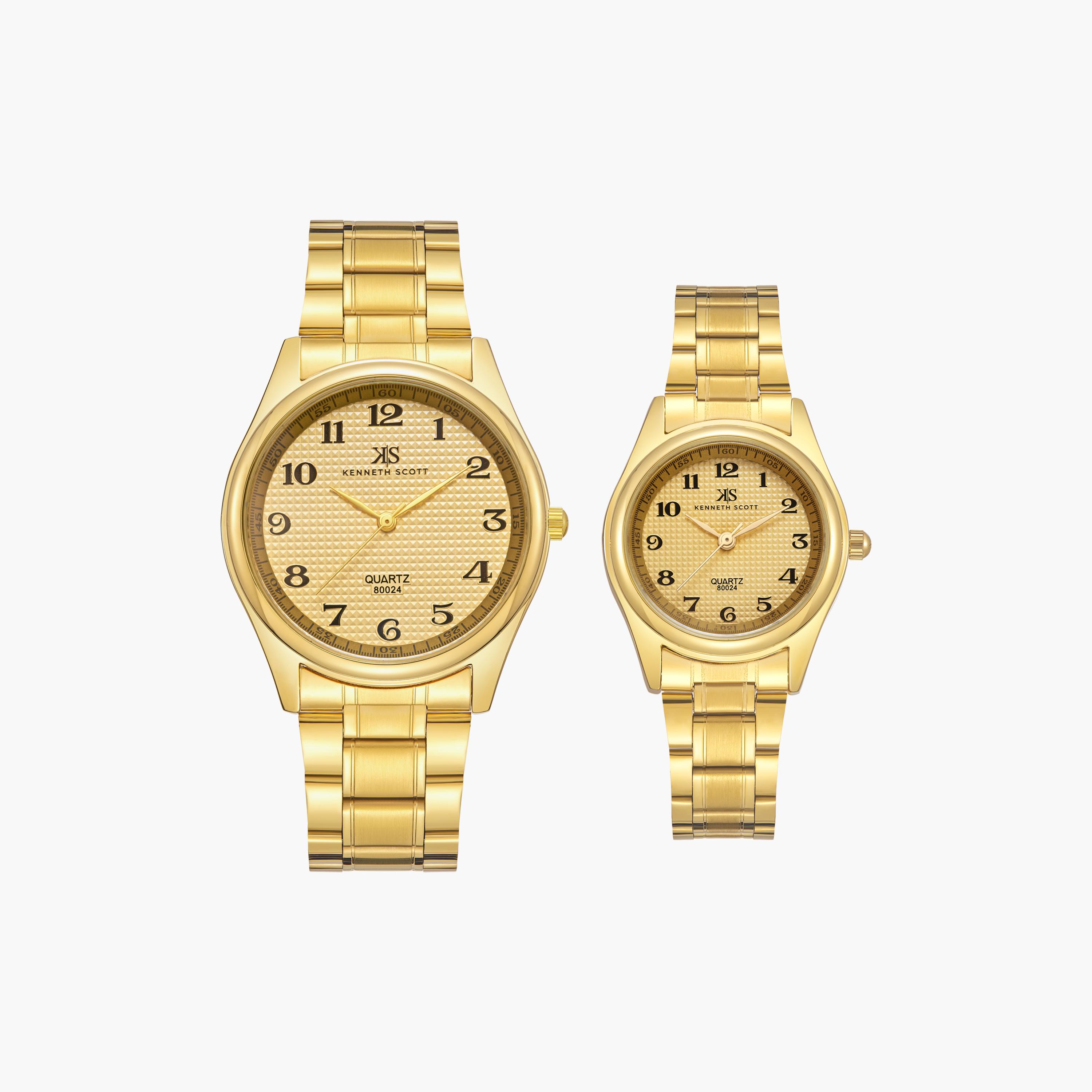 Kenneth Scott Gold Analog Stainless Steel Strap Couple Watch Set | K23052P-GBGC-men-watchesandjewellery-watches-image-1