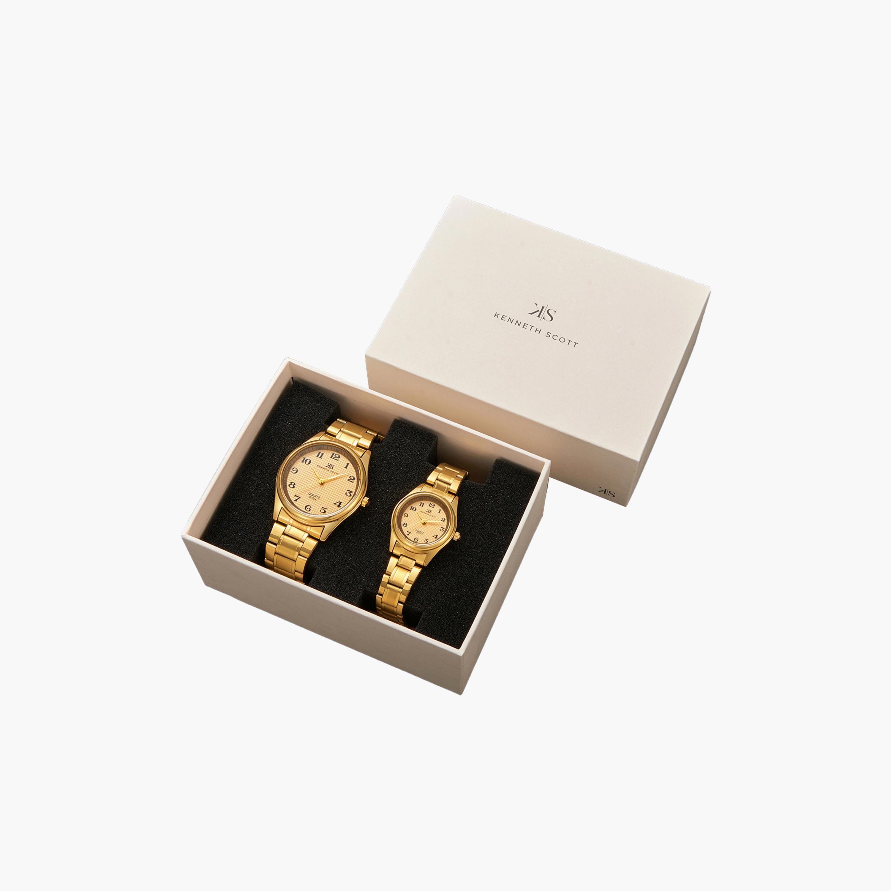 Kenneth Scott Gold Analog Stainless Steel Strap Couple Watch Set | K23052P-GBGC-men-watchesandjewellery-watches-image-4