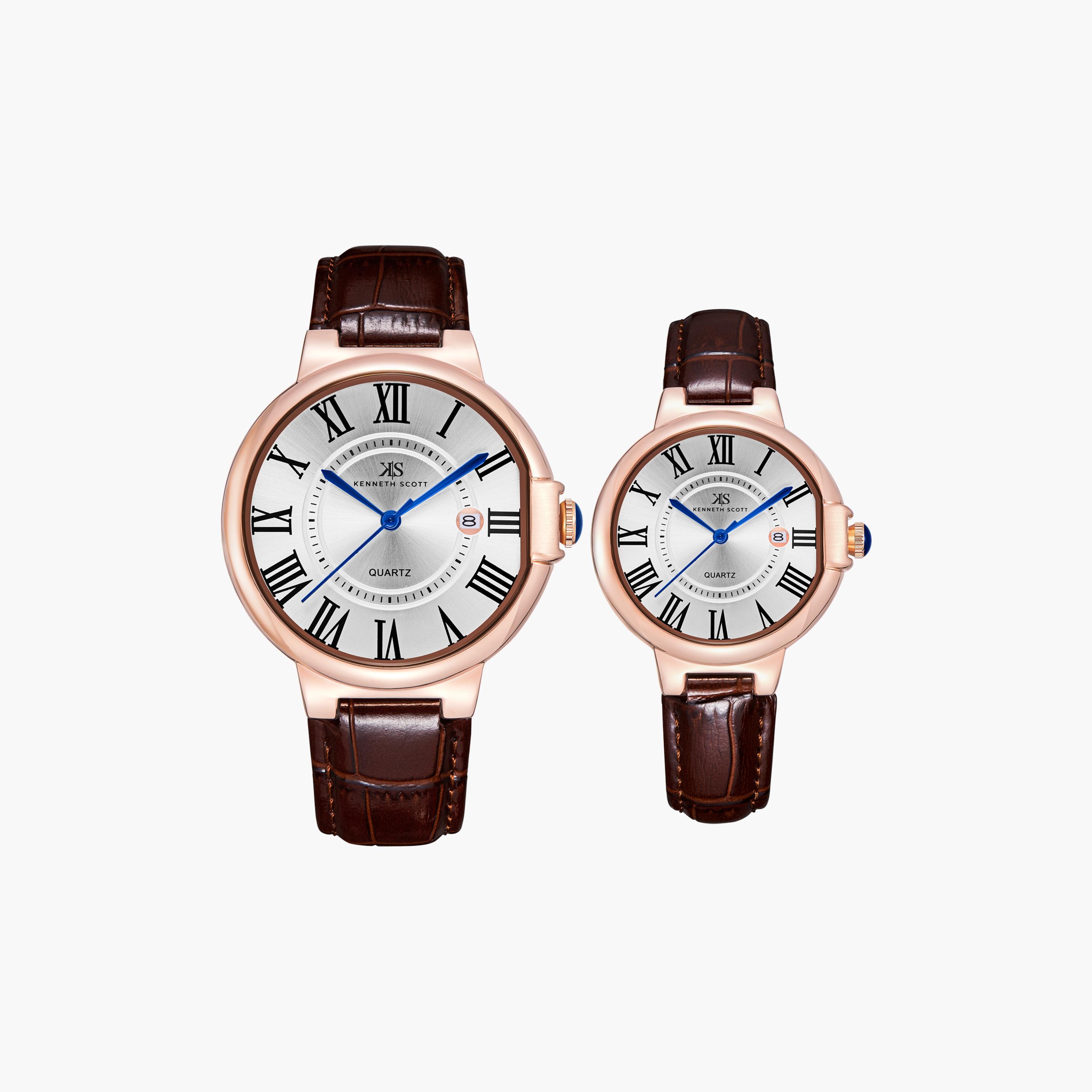 Kenneth Scott Dark Brown Analog Leather Strap Couple Watch Set | K23053P-RLDW-men-watchesandjewellery-watches-image-1