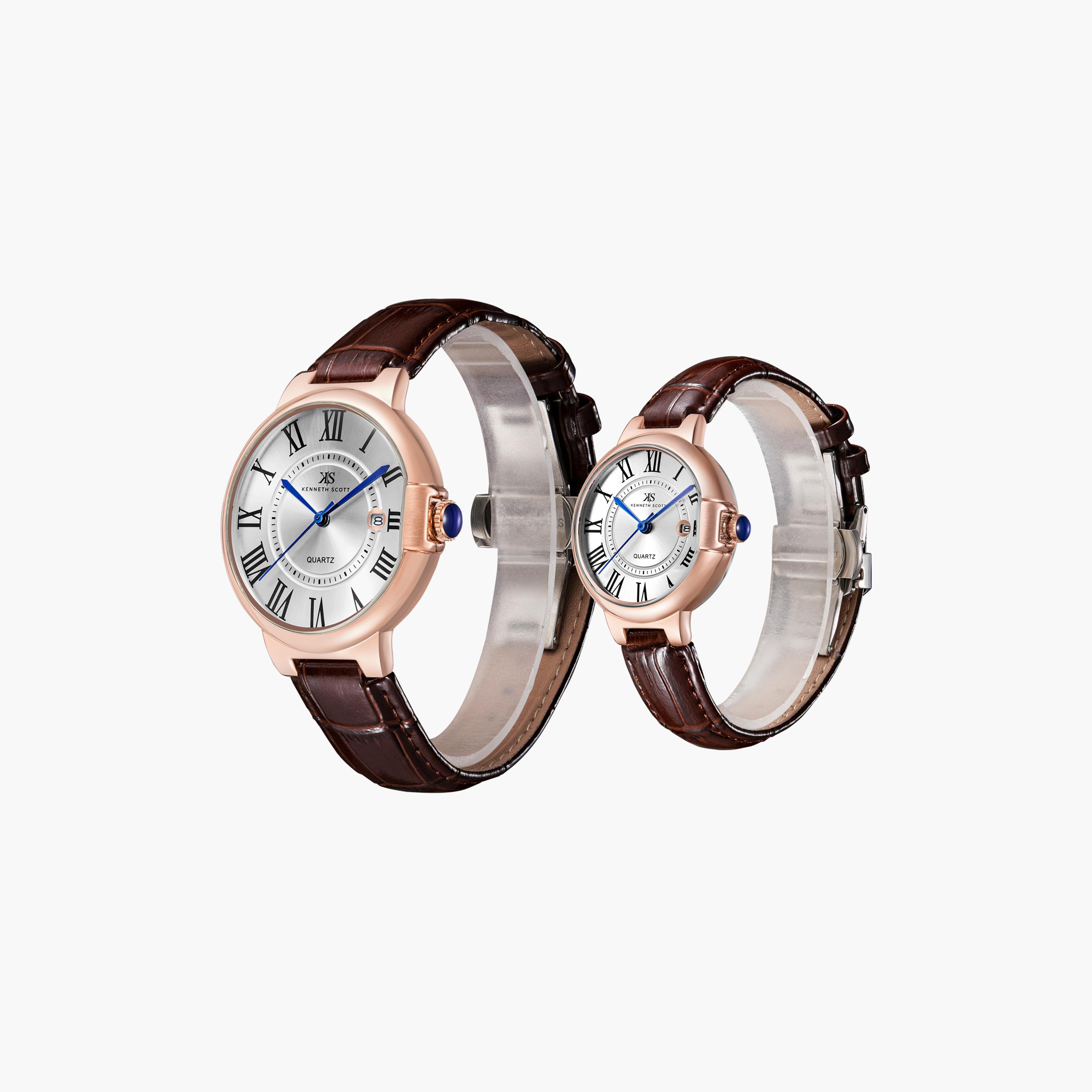 Kenneth Scott Dark Brown Analog Leather Strap Couple Watch Set | K23053P-RLDW-men-watchesandjewellery-watches-image-2