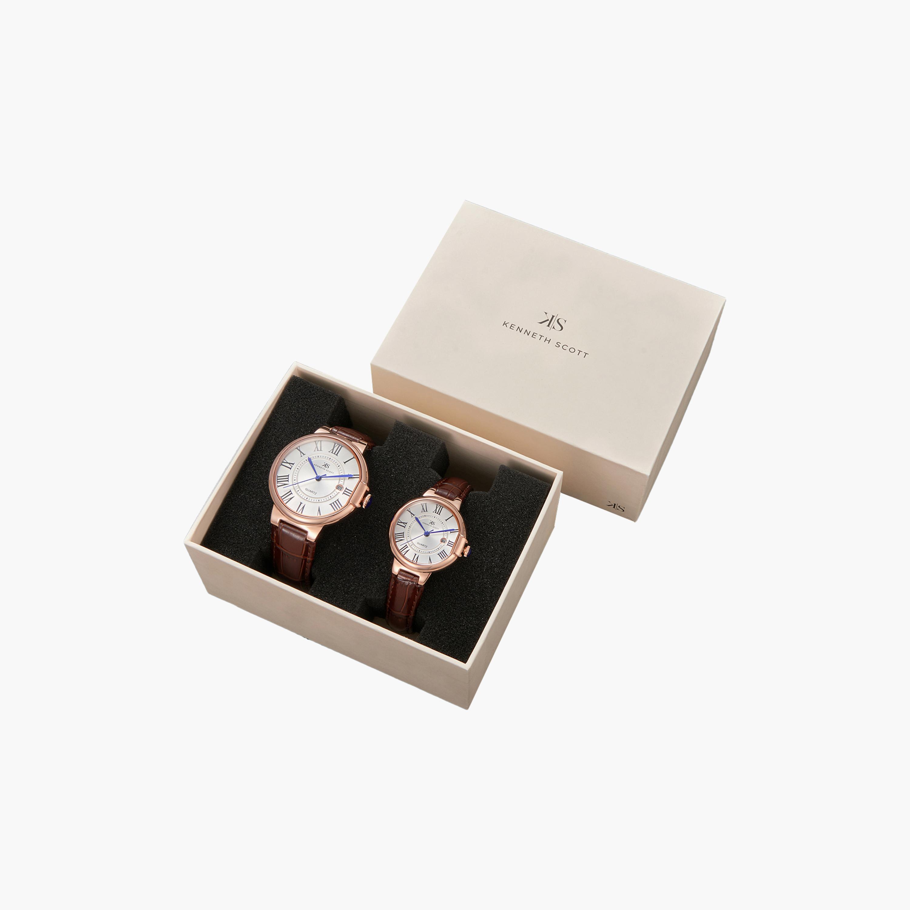 Kenneth Scott Dark Brown Analog Leather Strap Couple Watch Set | K23053P-RLDW-men-watchesandjewellery-watches-image-4