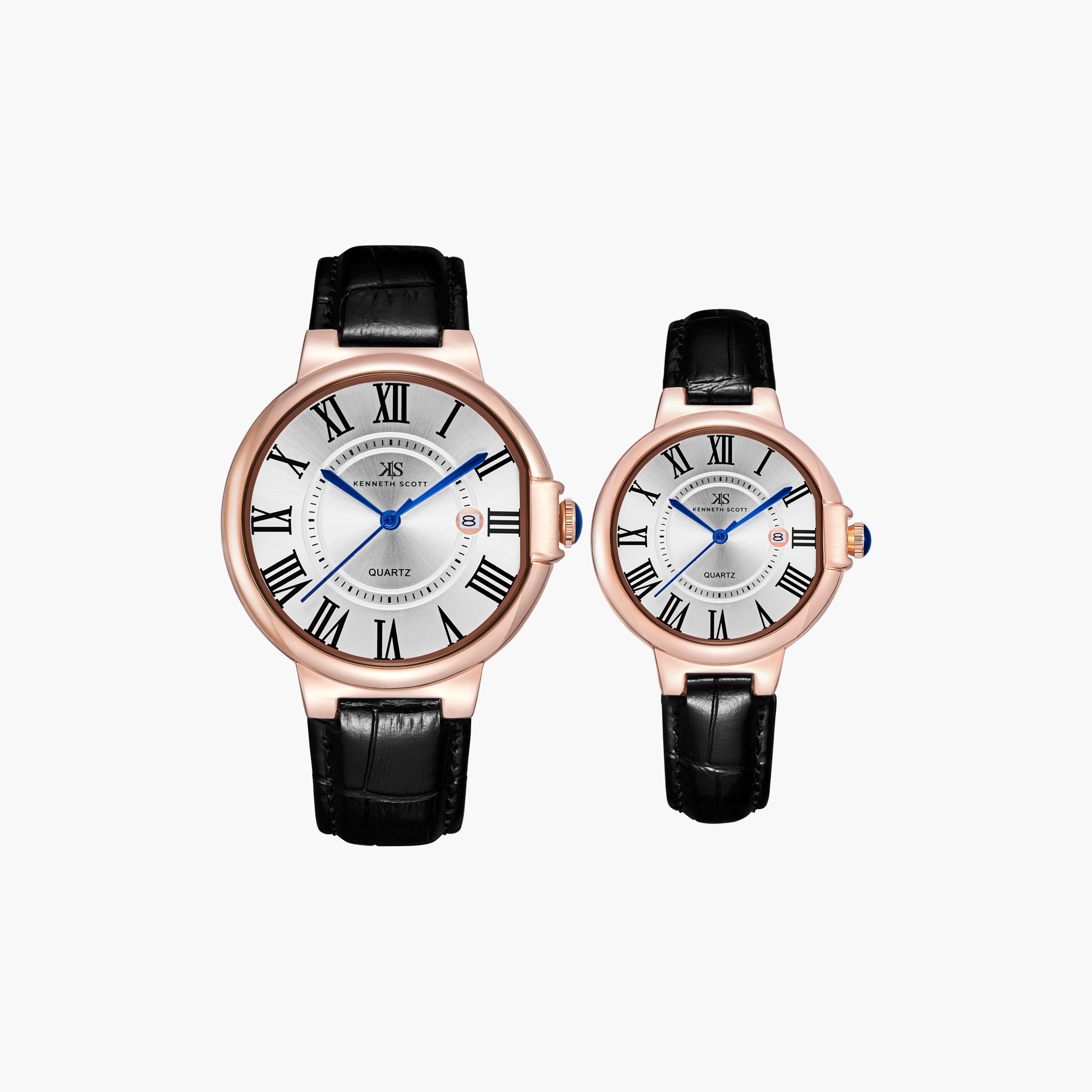 Kenneth Scott Black Analog Leather Strap Couple Watch Set | K23053P-RLBW-men-watchesandjewellery-watches-image-1