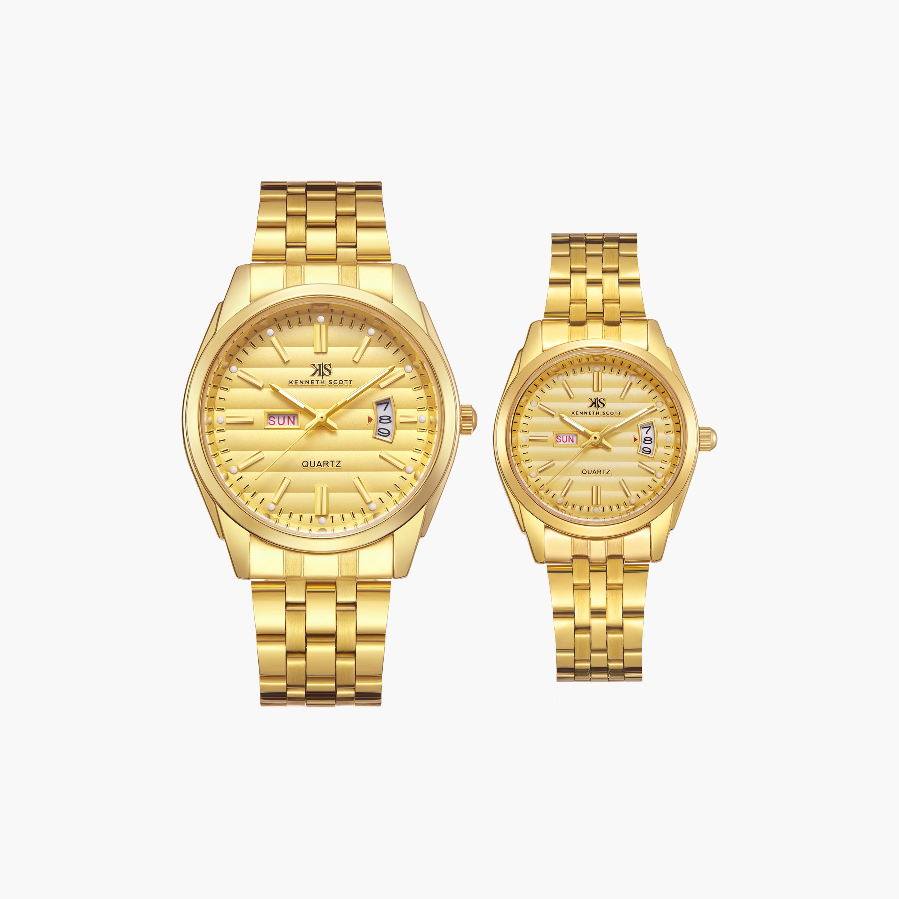 Kenneth Scott Gold Analog Stainless Steel Strap Couple Watch Set | K23054P-GBGC-men-watchesandjewellery-watches-image-1