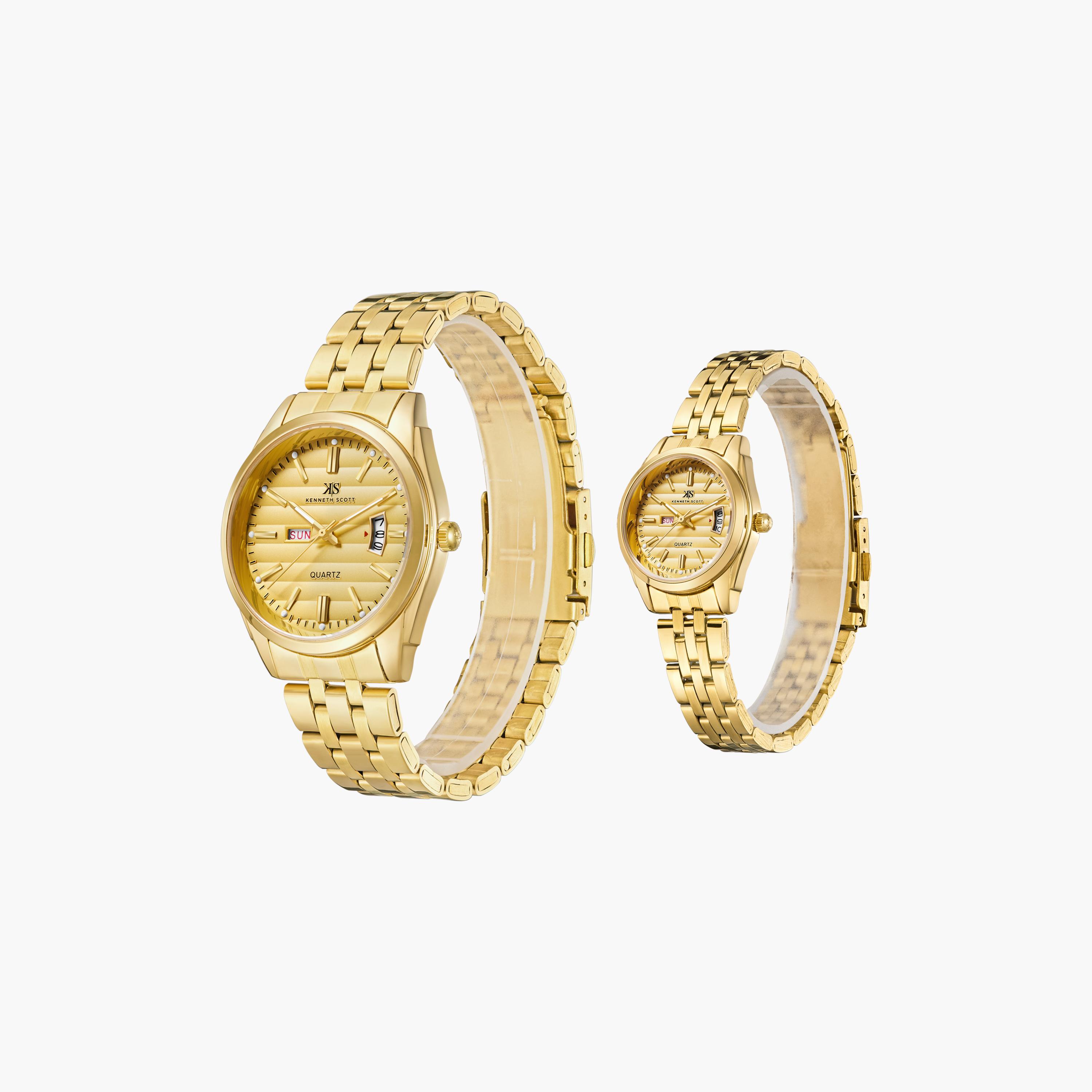 Kenneth Scott Gold Analog Stainless Steel Strap Couple Watch Set | K23054P-GBGC-men-watchesandjewellery-watches-image-2