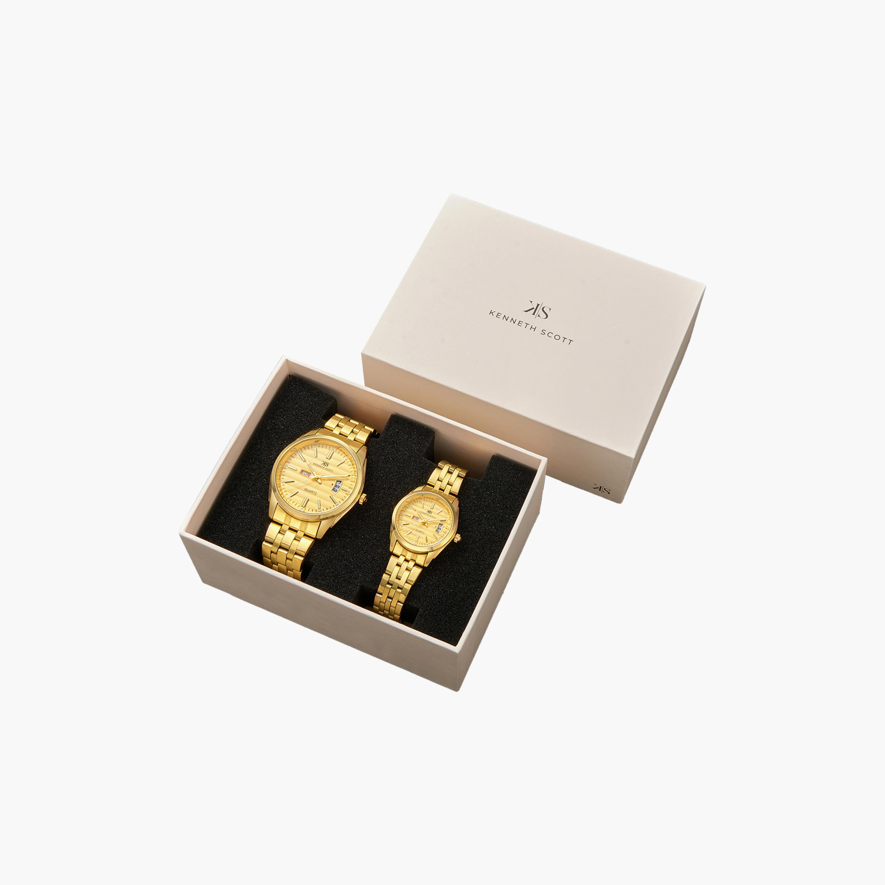 Kenneth Scott Gold Analog Stainless Steel Strap Couple Watch Set | K23054P-GBGC-men-watchesandjewellery-watches-image-4
