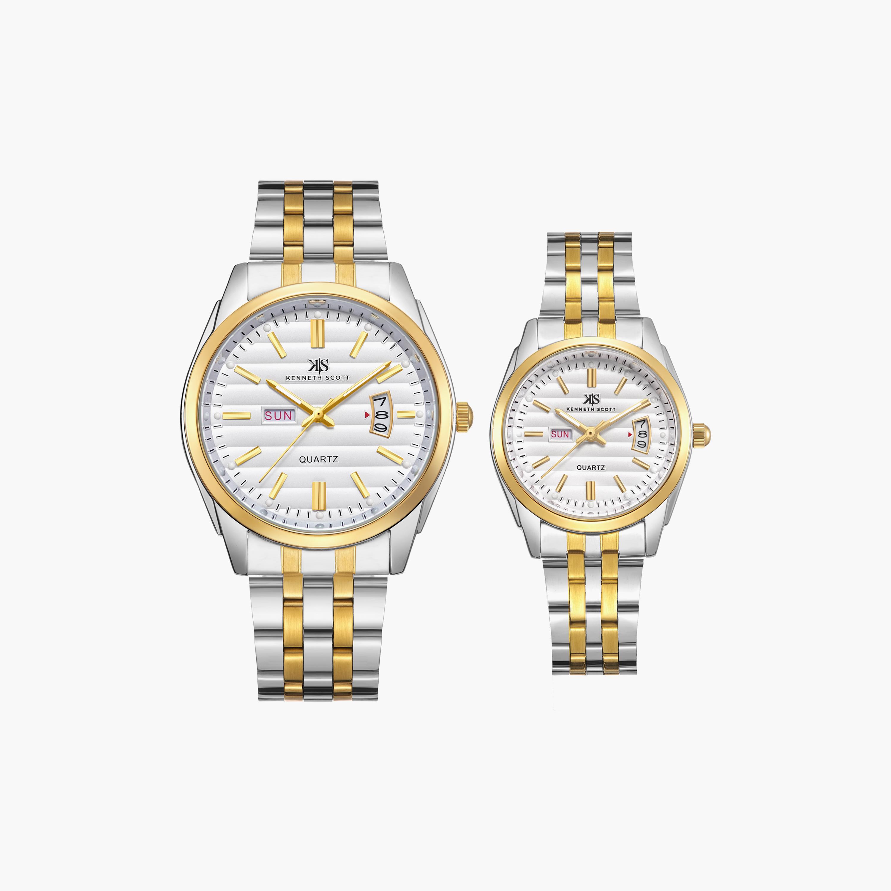 Kenneth Scott Silver & Gold Analog Stainless Steel Strap Couple Watch Set | K23054P-TBTW-men-watchesandjewellery-watches-image-1