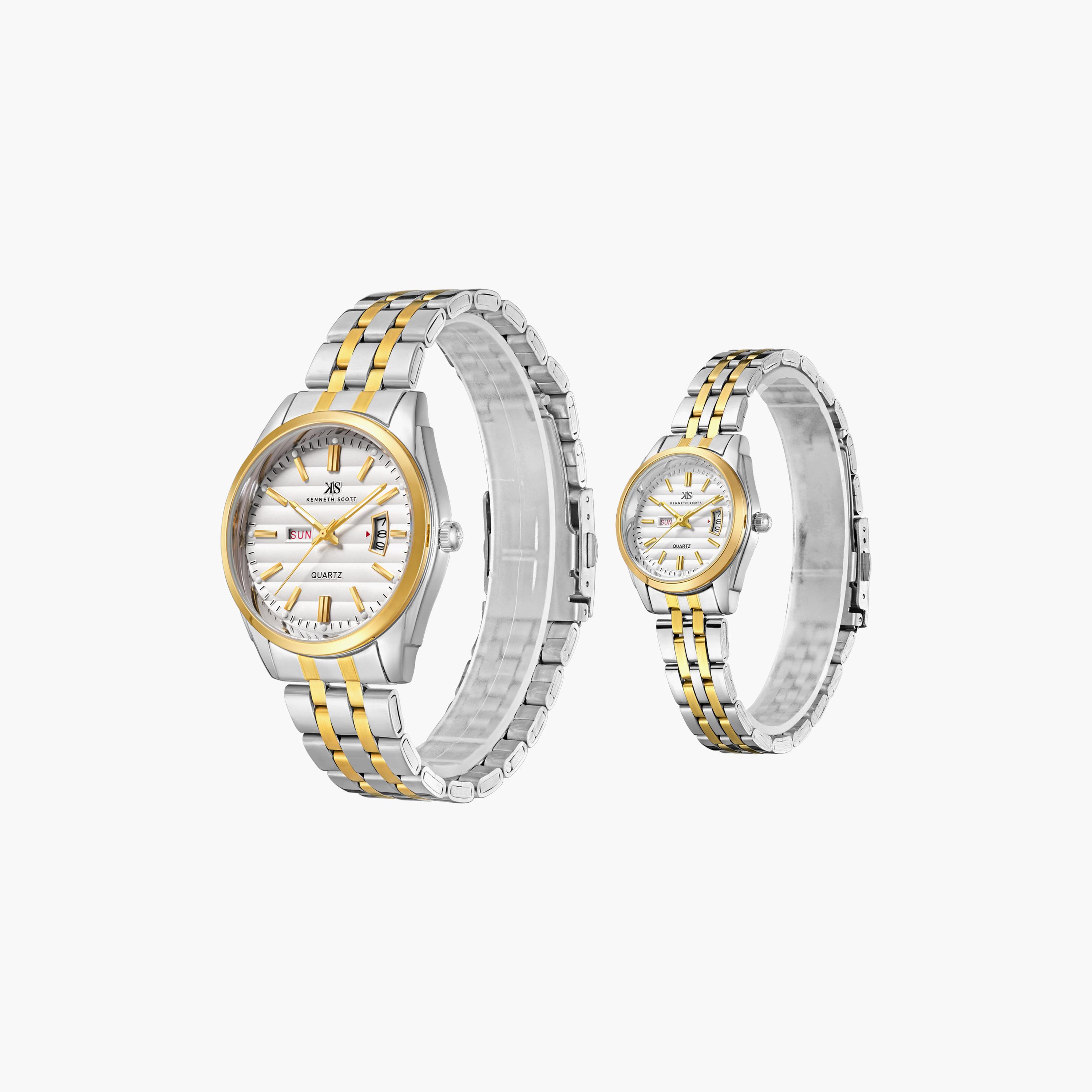 Kenneth Scott Silver & Gold Analog Stainless Steel Strap Couple Watch Set | K23054P-TBTW-men-watchesandjewellery-watches-image-2