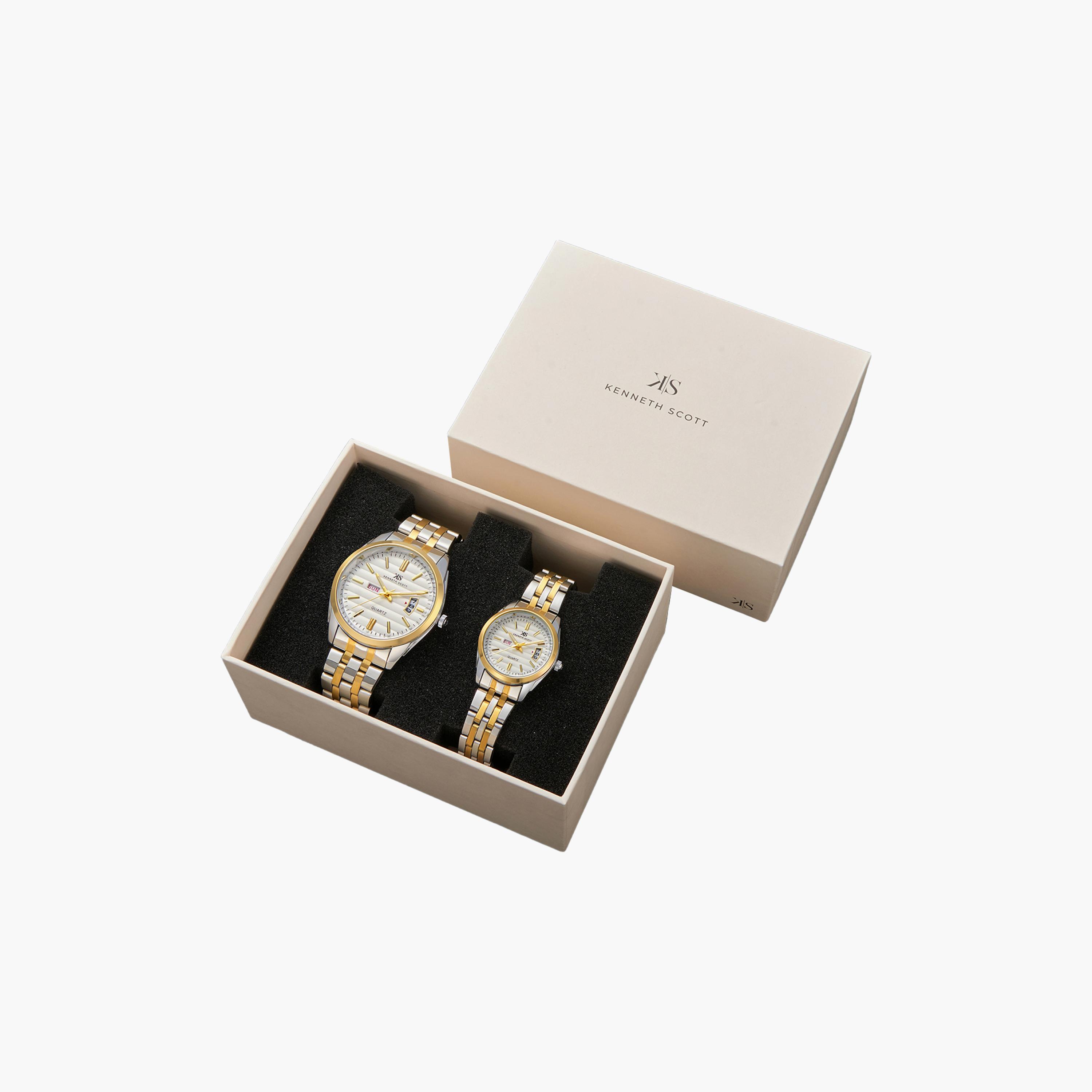 Kenneth Scott Silver & Gold Analog Stainless Steel Strap Couple Watch Set | K23054P-TBTW-men-watchesandjewellery-watches-image-4