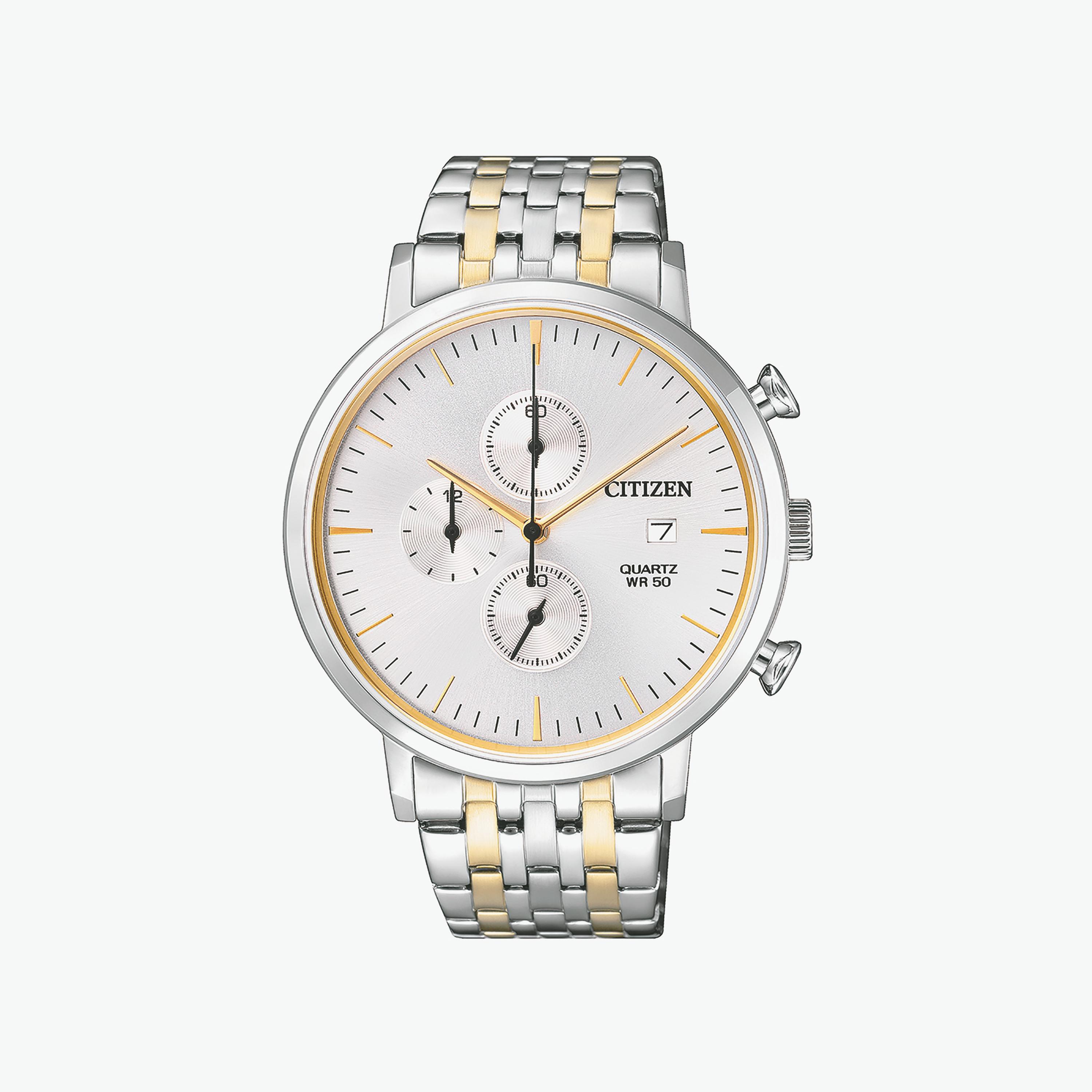 ساعة سيتيزن ذو 39 ملم بلون فضي وذهبي مع كرونوغراف بسوار ستانلس ستيل | AN3614-54A-girls-accessories-watches-image-1