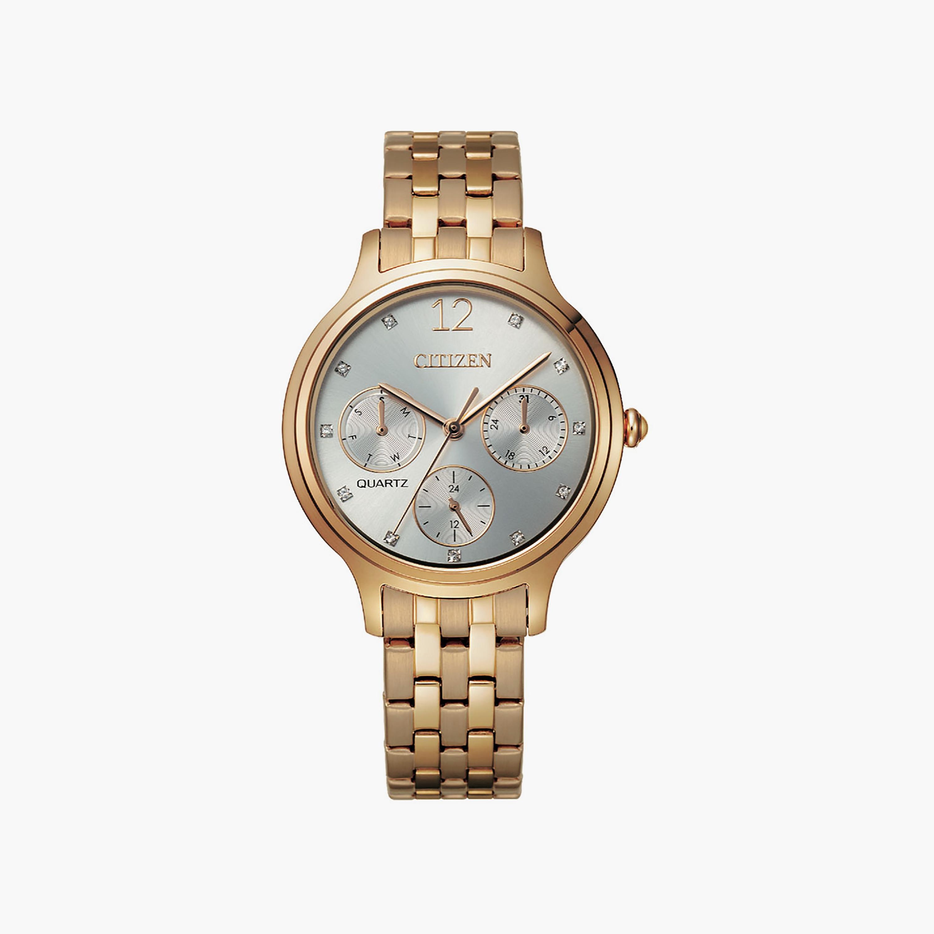 ساعة سيتيزن ذو 33 ملم بلون ذهبي وردي مع انالوج بسوار ستانلس ستيل | ED8183-54A-women-watchesandjewellery-watches-image-1