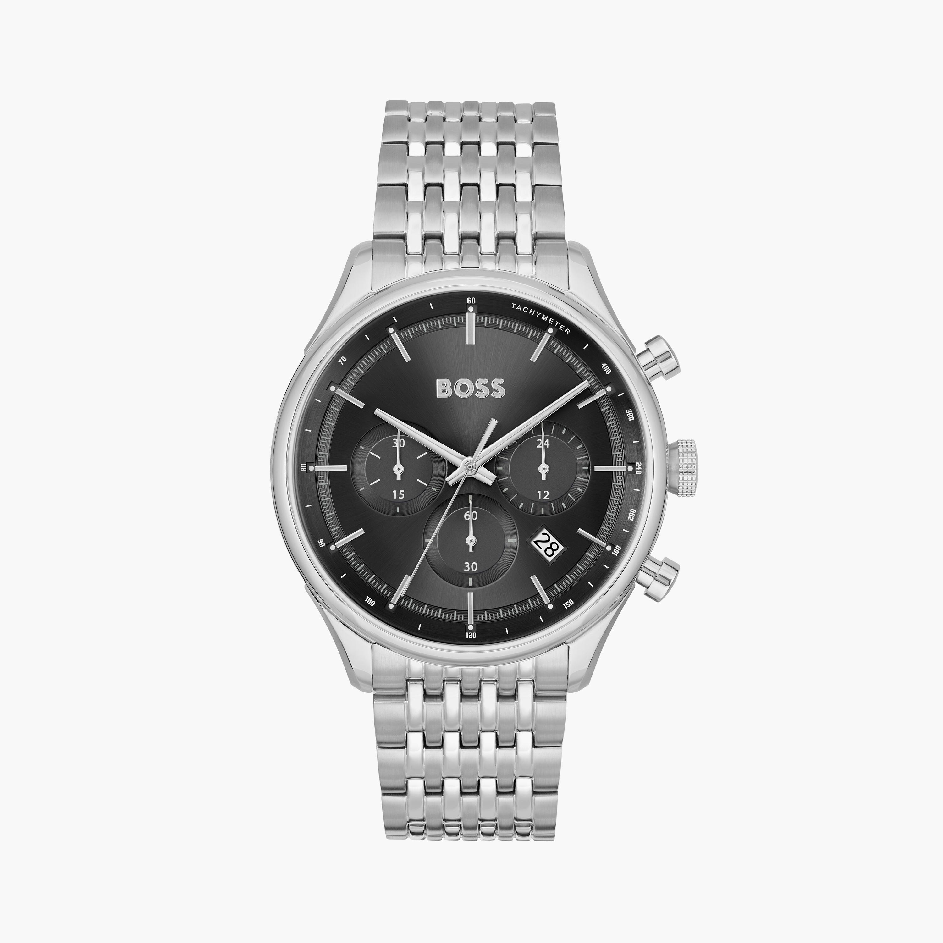 هوغو بوس ساعة يد رجالية تناظرية ستانلس ستيل كرونوغراف 45 مم فضي | 1514082-men-watchesandjewellery-watches-image-1