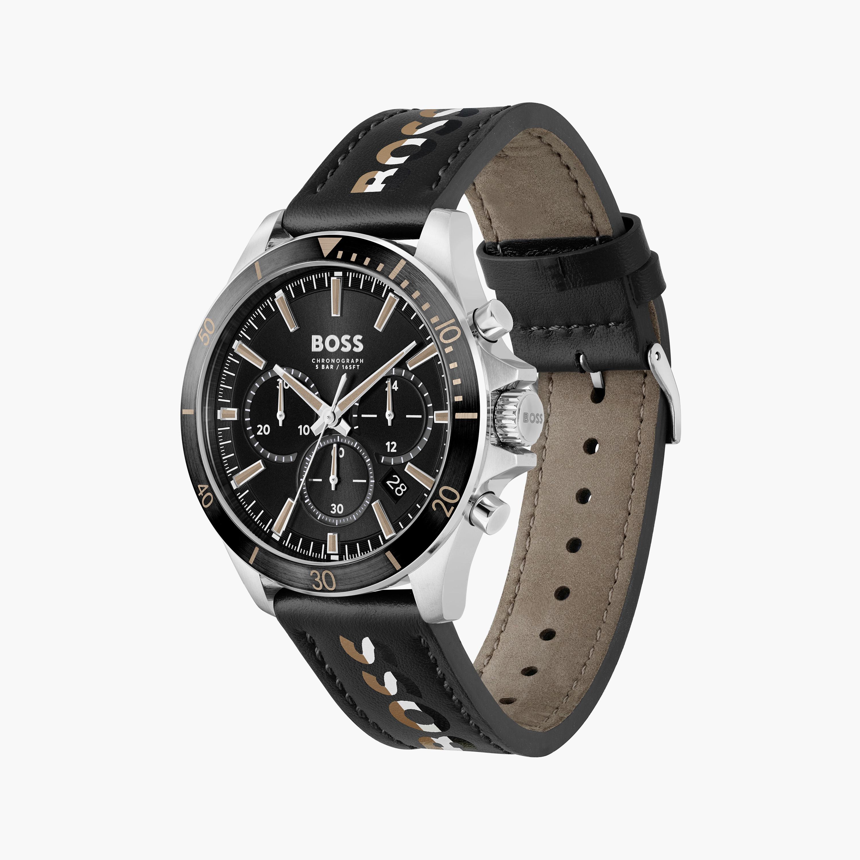 هوغو بوس ساعة يد رجالية كرونوغراف جلد 45 مم أسود | 1514121-men-watchesandjewellery-watches-image-2