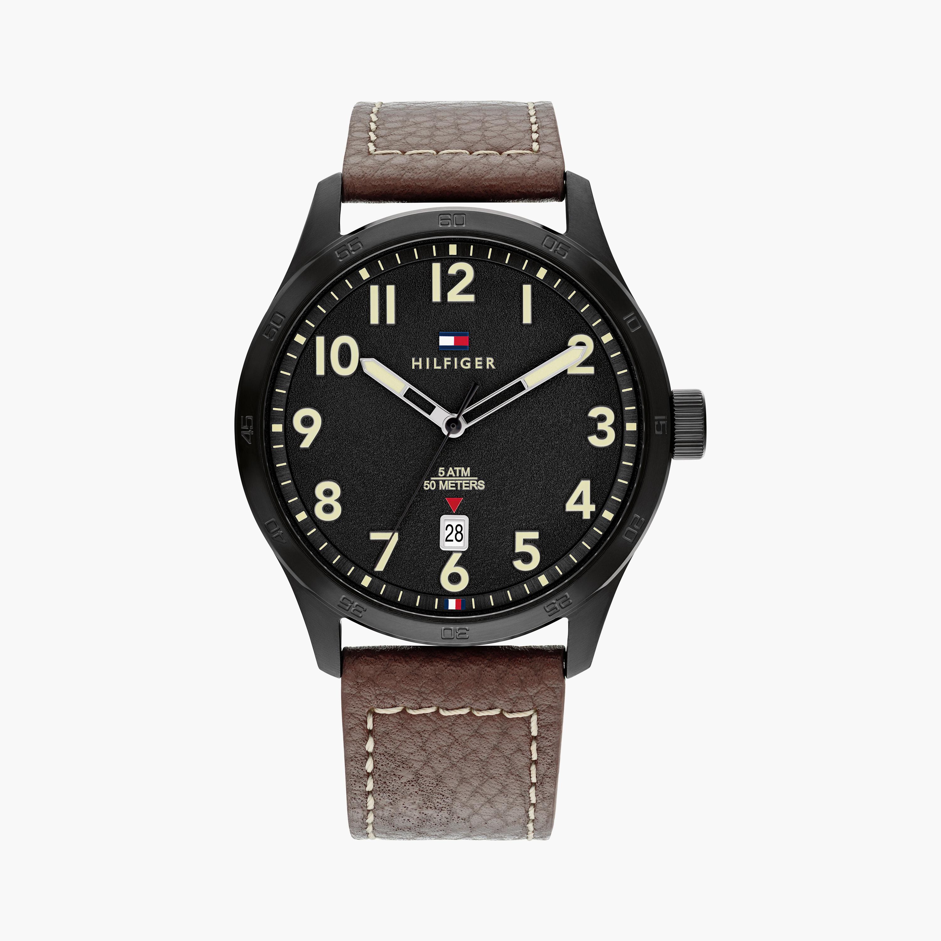 تومي هيلفيغر ساعة يد رجالية تناظرية جلد 43 مم بني | 1710560-men-watchesandjewellery-watches-image-1