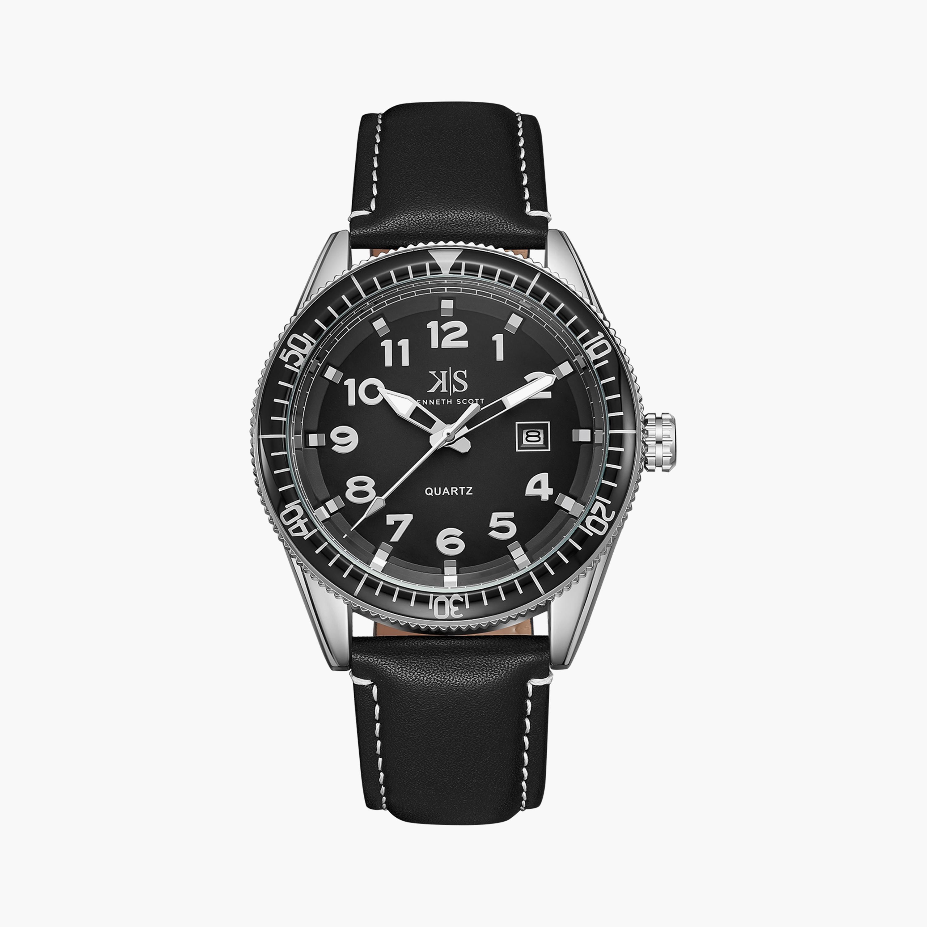 Kenneth Scott Men's Japanese Quartz Movement Black Analog Leather Watch | K23028-SLBB-men-watchesandjewellery-watches-image-1