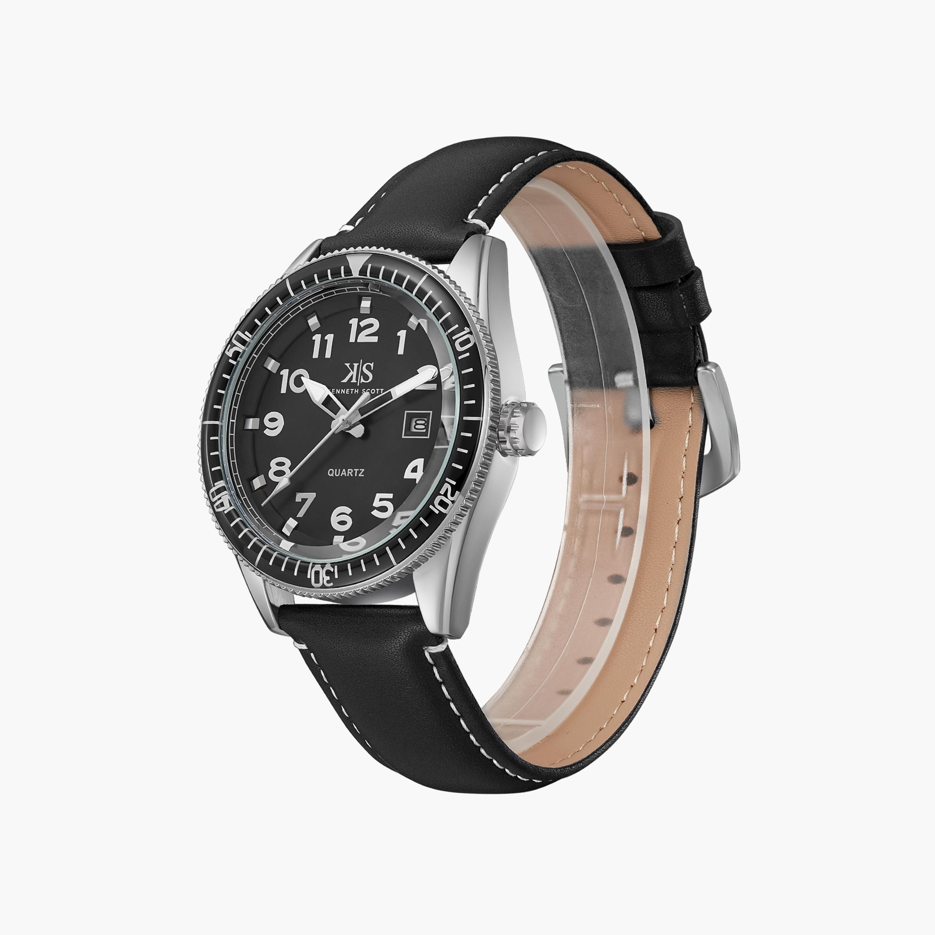 Kenneth Scott Men's Japanese Quartz Movement Black Analog Leather Watch | K23028-SLBB-men-watchesandjewellery-watches-image-2