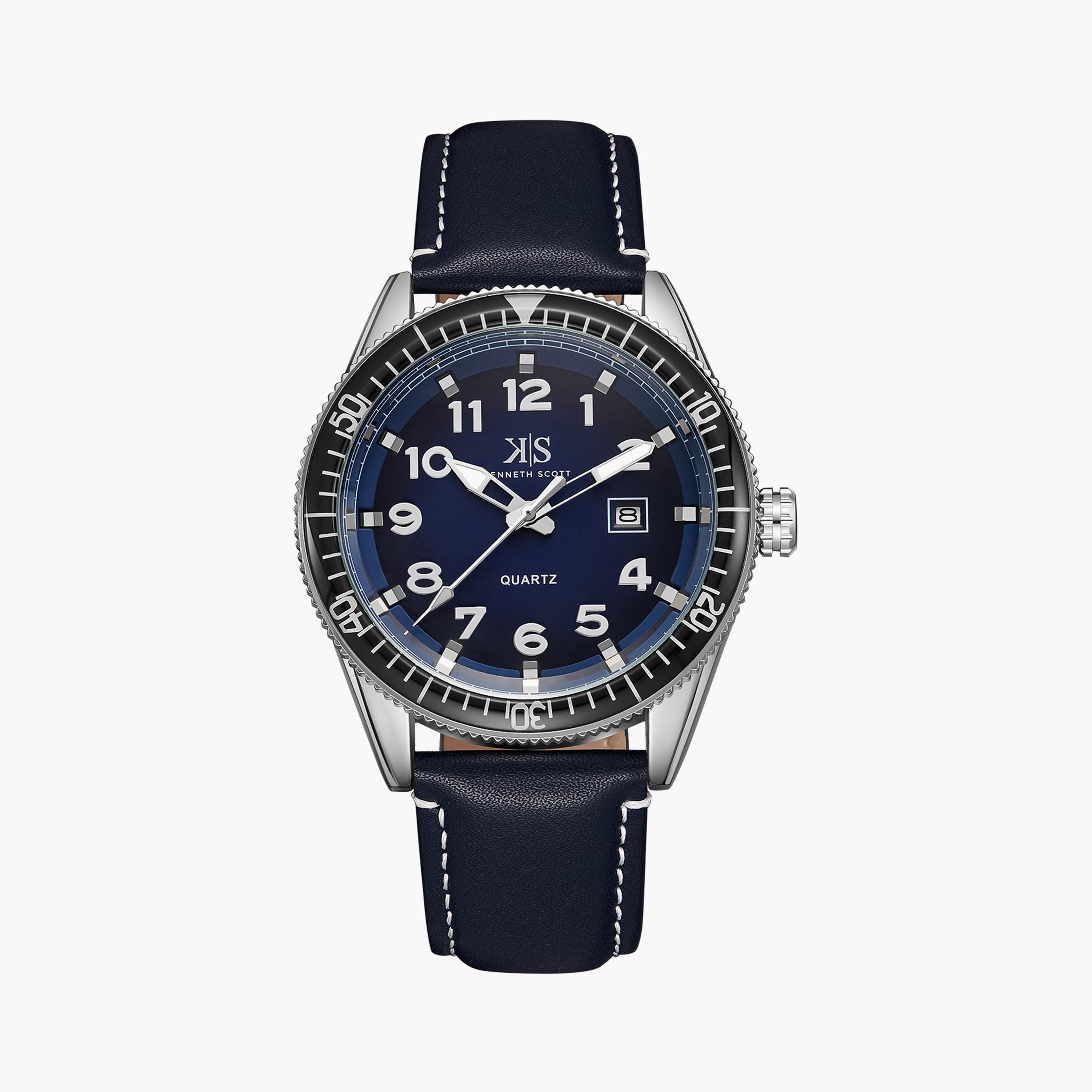 Kenneth Scott Men's Japanese Quartz Movement Blue Analog Leather Watch | K23028-SLNN | 50 MM-men-watchesandjewellery-watches-image-1