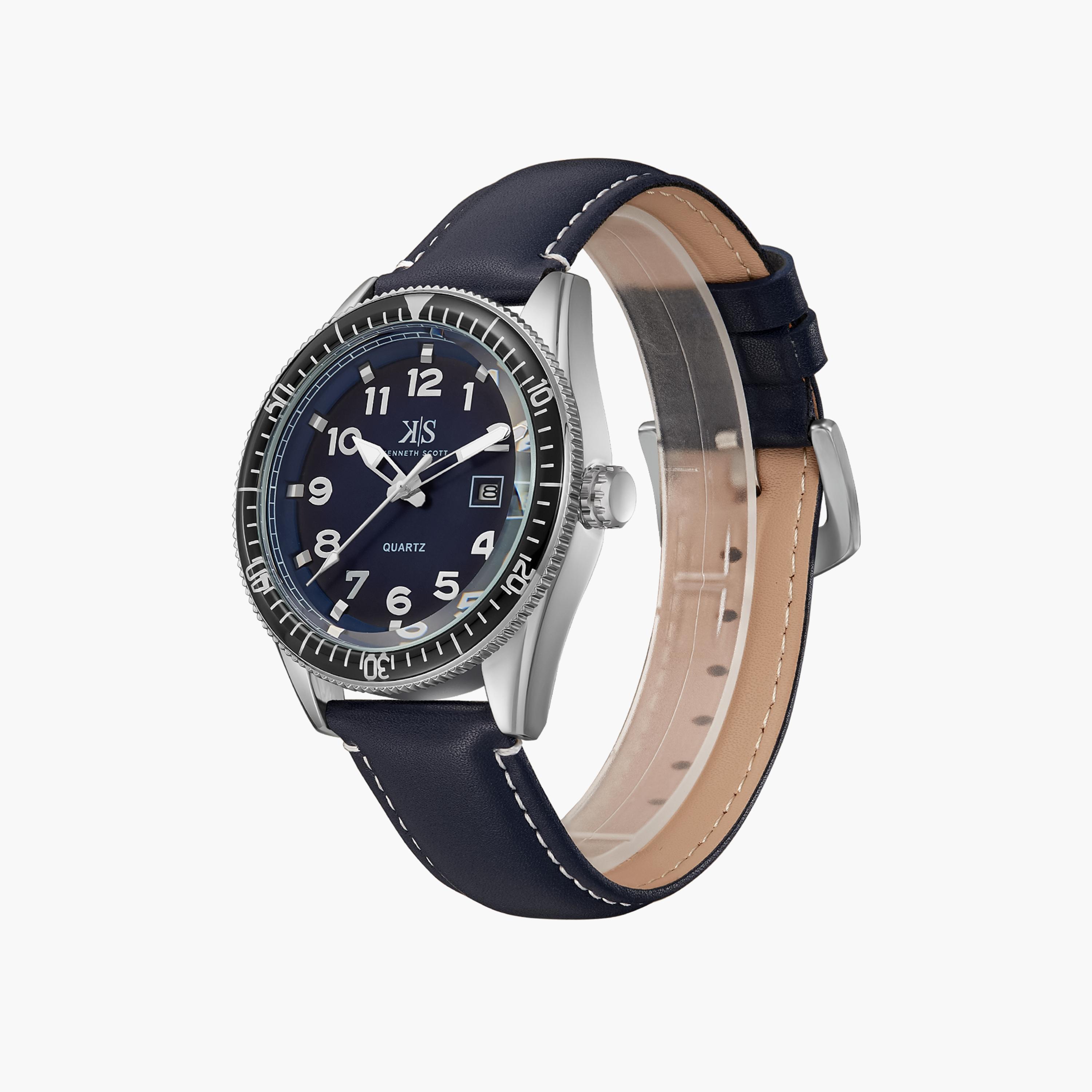 Kenneth Scott Men's Japanese Quartz Movement Blue Analog Leather Watch | K23028-SLNN | 50 MM-men-watchesandjewellery-watches-image-2