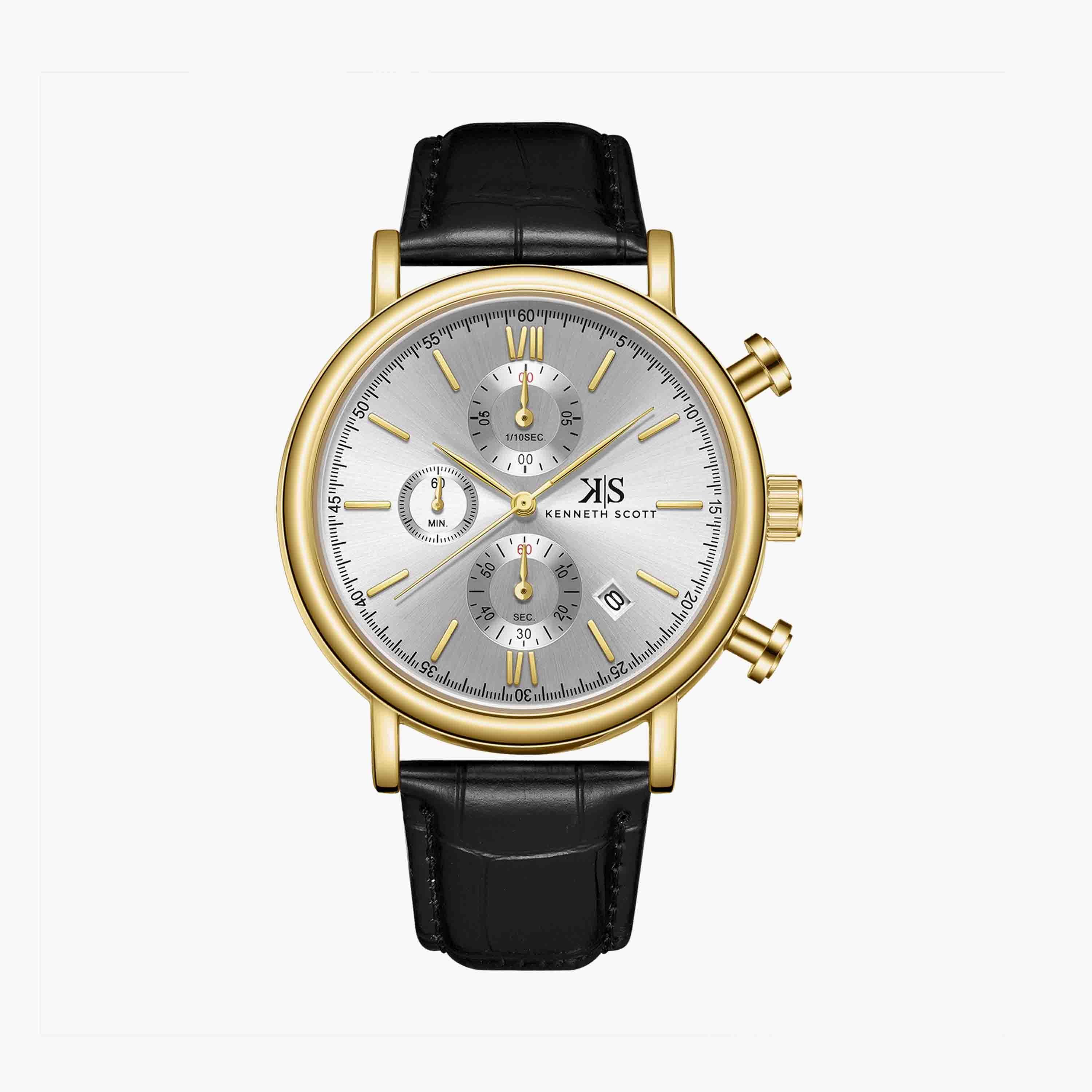Kenneth Scott Men's Black Chronograph Leather Watch | K23151-GLBW | 43 MM-men-watchesandjewellery-watches-image-1