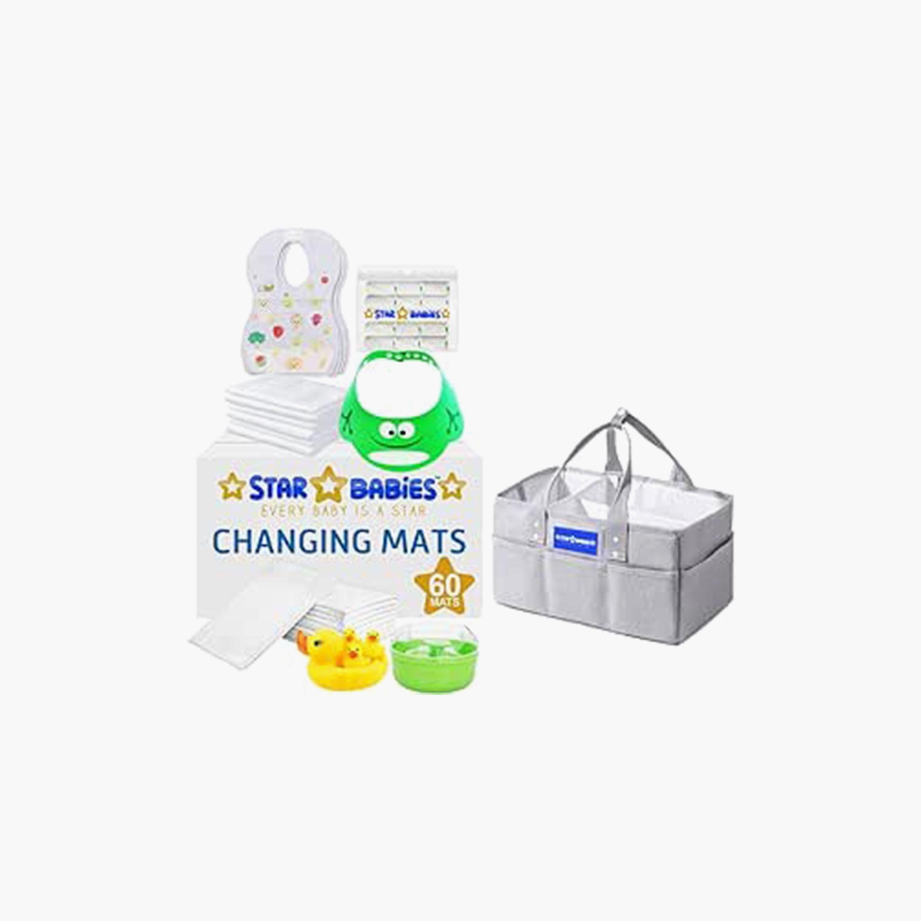 Star Babies 60-Piece Changing Mats, 50-Piece Bibs, 15-Piece Scented Bags, 6-Piece Disposable Towels, 4-Piece Duck Toys, Powder Puff with Shower Cap Bundle-baby-bathandcare-towels-image-1