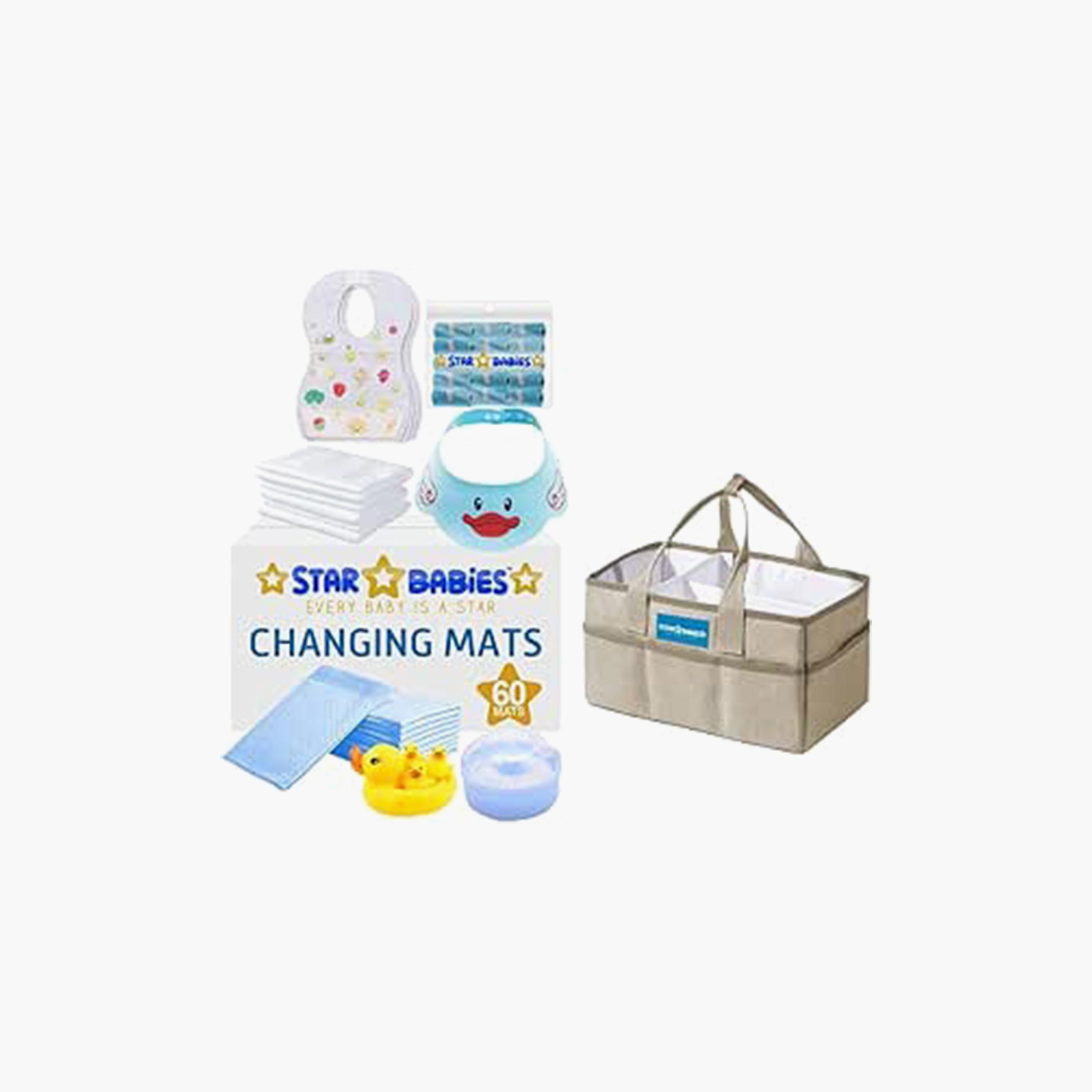 Star Babies 60-Piece Changing Mats, 50-Piece Bibs, 15-Piece Scented Bags, 6-Piece Disposable Towels, 4-Piece Duck Toys, Powder Puff with Shower Cap Bundle-baby-bathandcare-towels-image-1