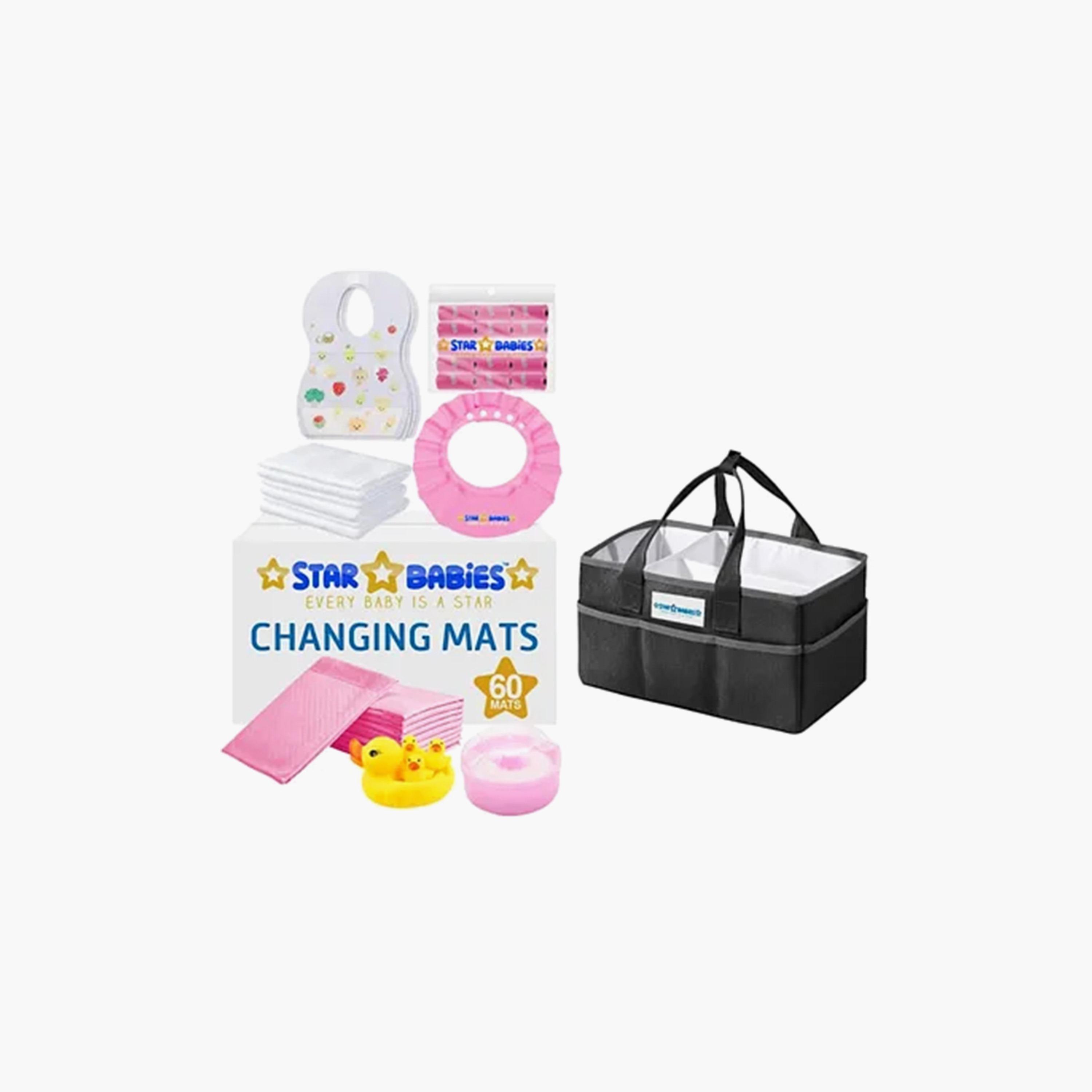 Star Babies 60-Piece Changing Mats, 50-Piece Bibs, 15-Piece Scented Bags, 6-Piece Disposable Towels, 4-Piece Duck Toys, Powder Puff with Shower Cap Bundle-baby-bathandcare-towels-image-1