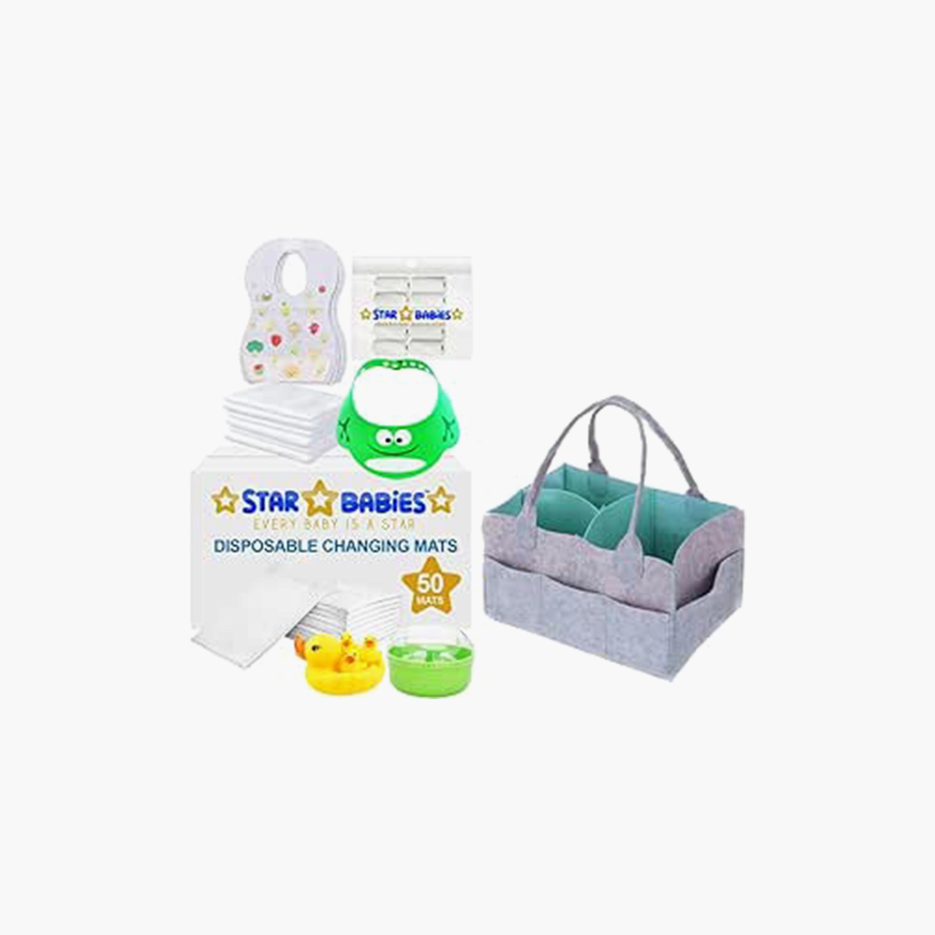 Star Babies 50-Piece Changing Mats, 50-Piece Bibs, 10-Piece Scented Bags, 3-Piece Disposable Towels, 4-Piece Duck Toys, Powder Puff with Shower Cap Bundle-baby-bathandcare-towels-image-1