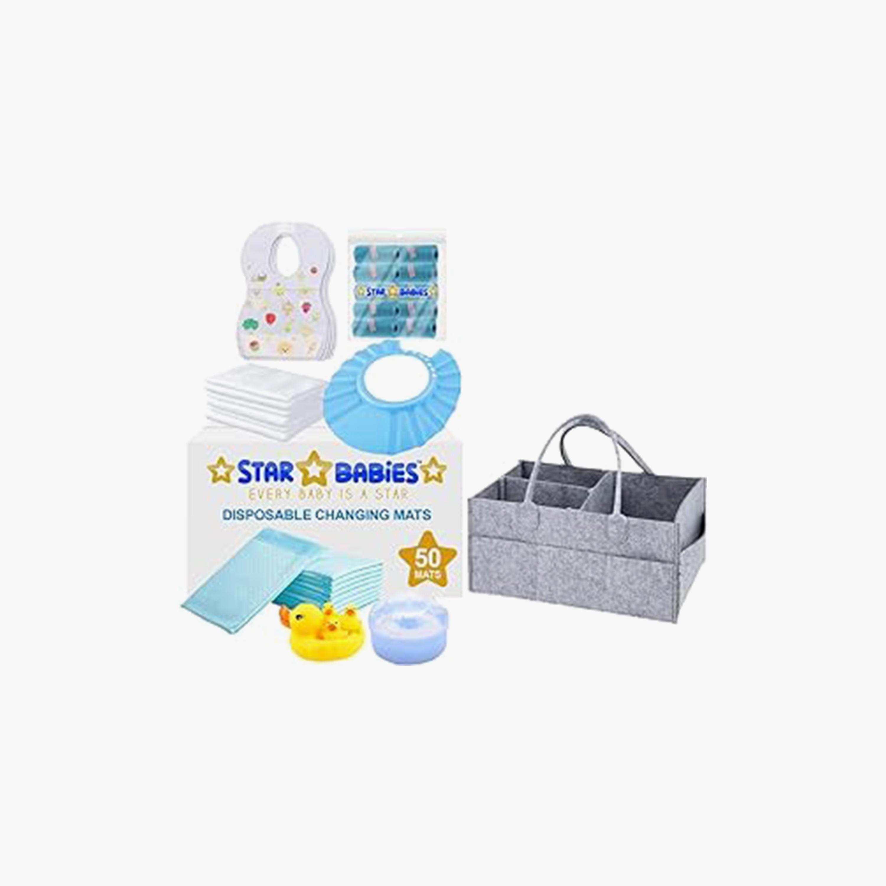 Star Babies 50-Piece Changing Mats, 50-Piece Bibs, 10-Piece Scented Bags, 3-Piece Disposable Towels, 4-Piece Duck Toys, Powder Puff with Shower Cap Bundle-baby-bathandcare-towels-image-1