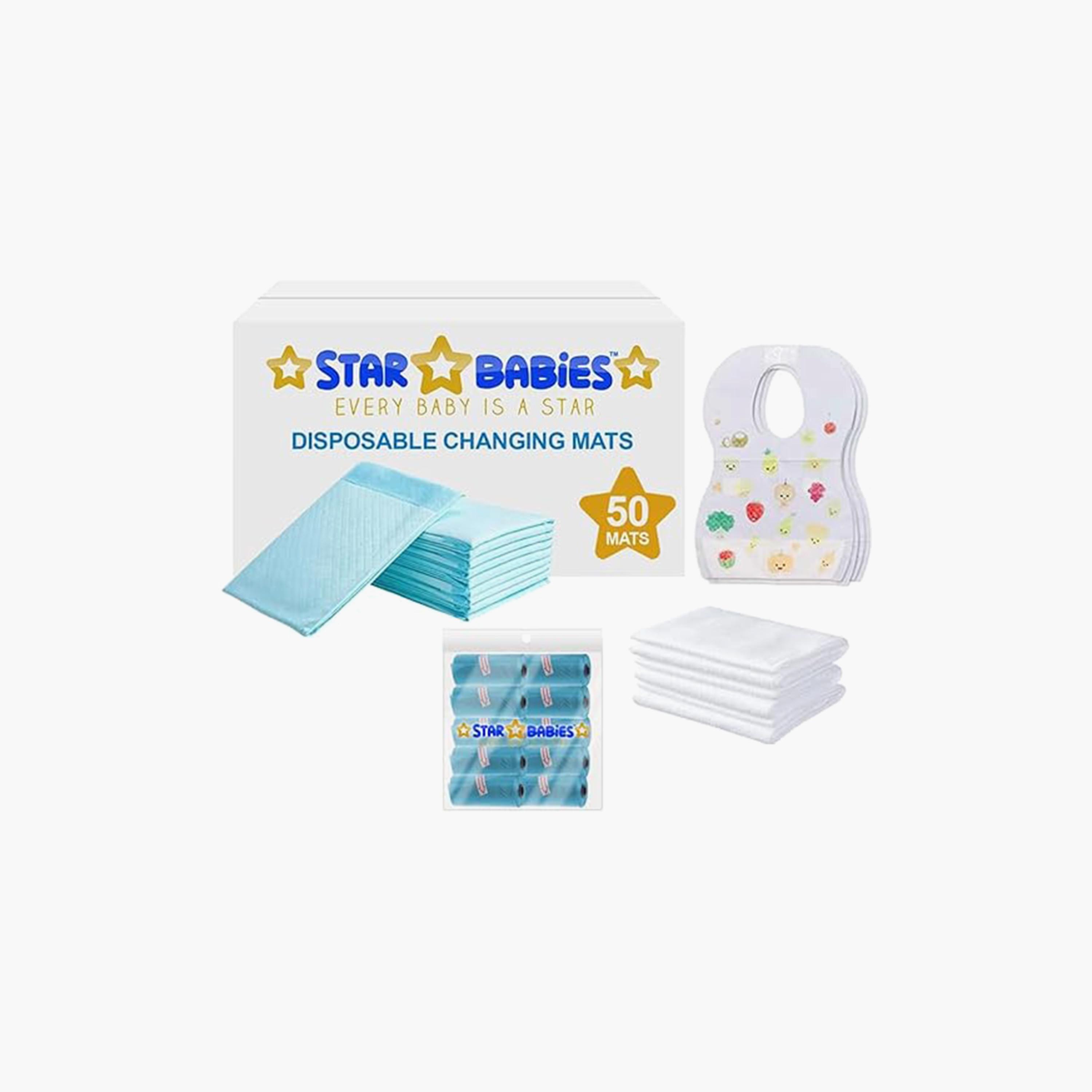 Star Babies 50-Piece Changing Mats, 50-Piece Bibs, 10-Piece Scented Bags, 3-Piece Disposable Towels, 4-Piece Duck Toys, Powder Puff with Shower Cap Bundle-baby-bathandcare-towels-image-3