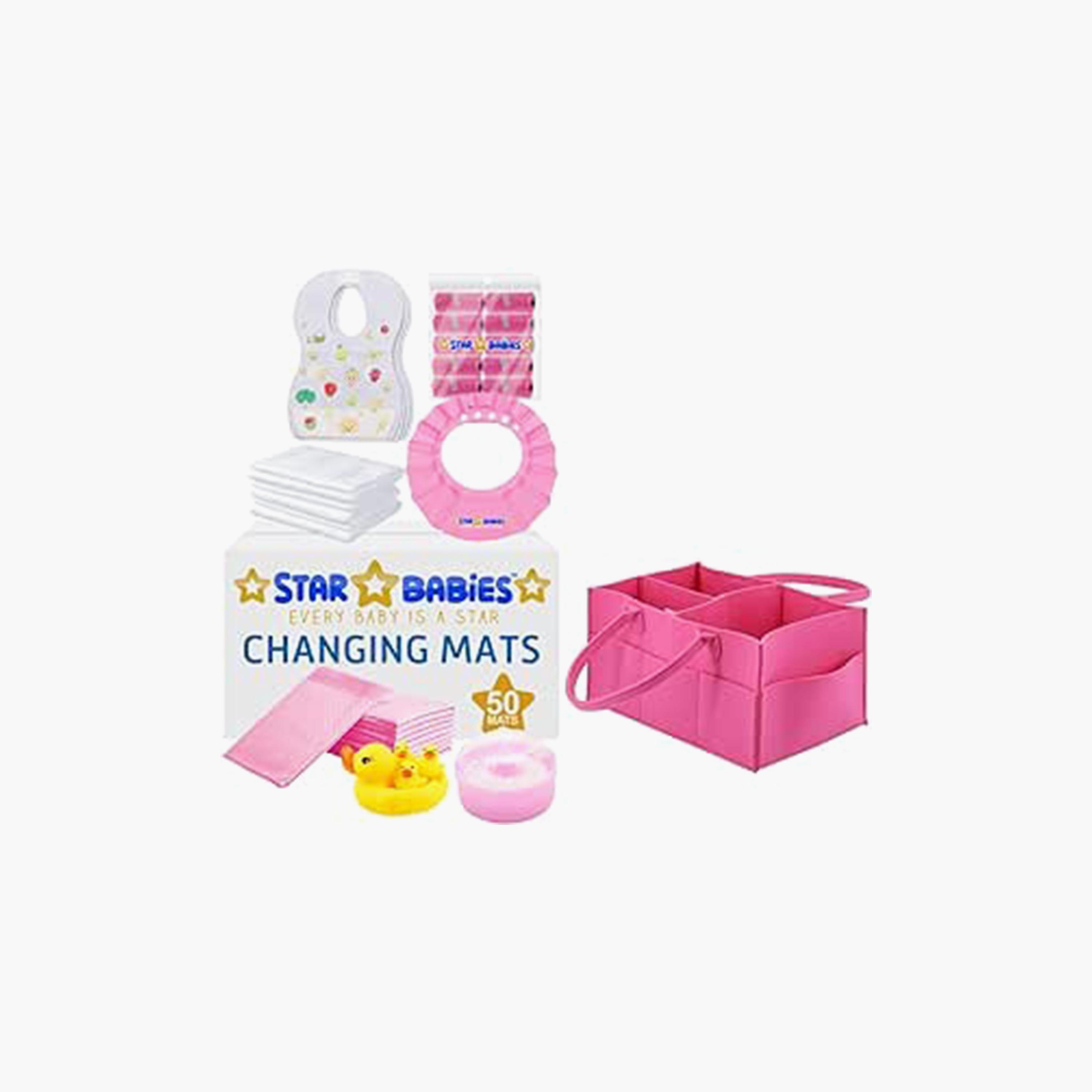 Star Babies 50-Piece Changing Mats, 50-Piece Bibs, 10-Piece Scented Bags, 3-Piece Disposable Towels, 4-Piece Duck Toys, Powder Puff with Shower Cap Bundle-baby-bathandcare-towels-image-1