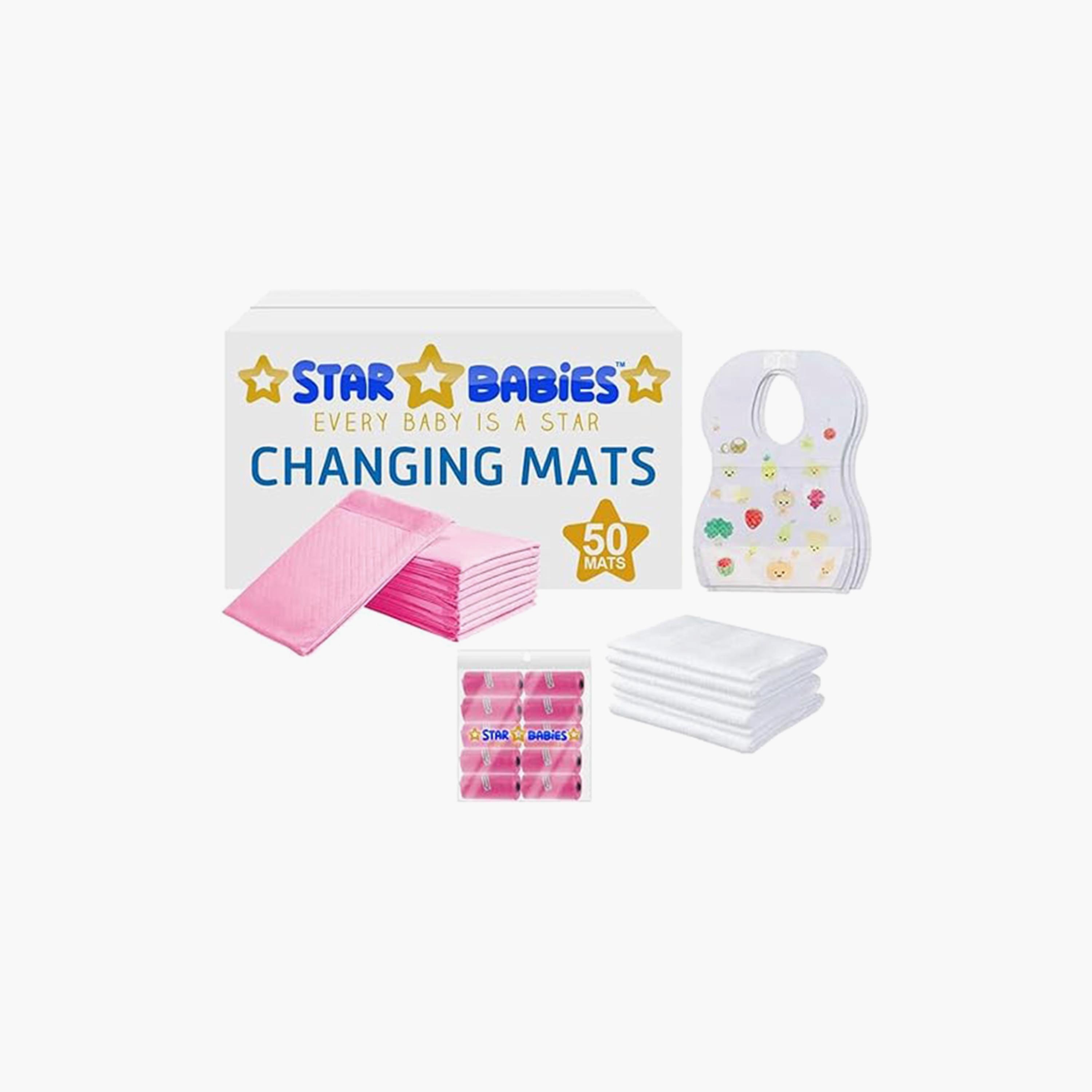 Star Babies 50-Piece Changing Mats, 50-Piece Bibs, 10-Piece Scented Bags, 3-Piece Disposable Towels, 4-Piece Duck Toys, Powder Puff with Shower Cap Bundle-baby-bathandcare-towels-image-3