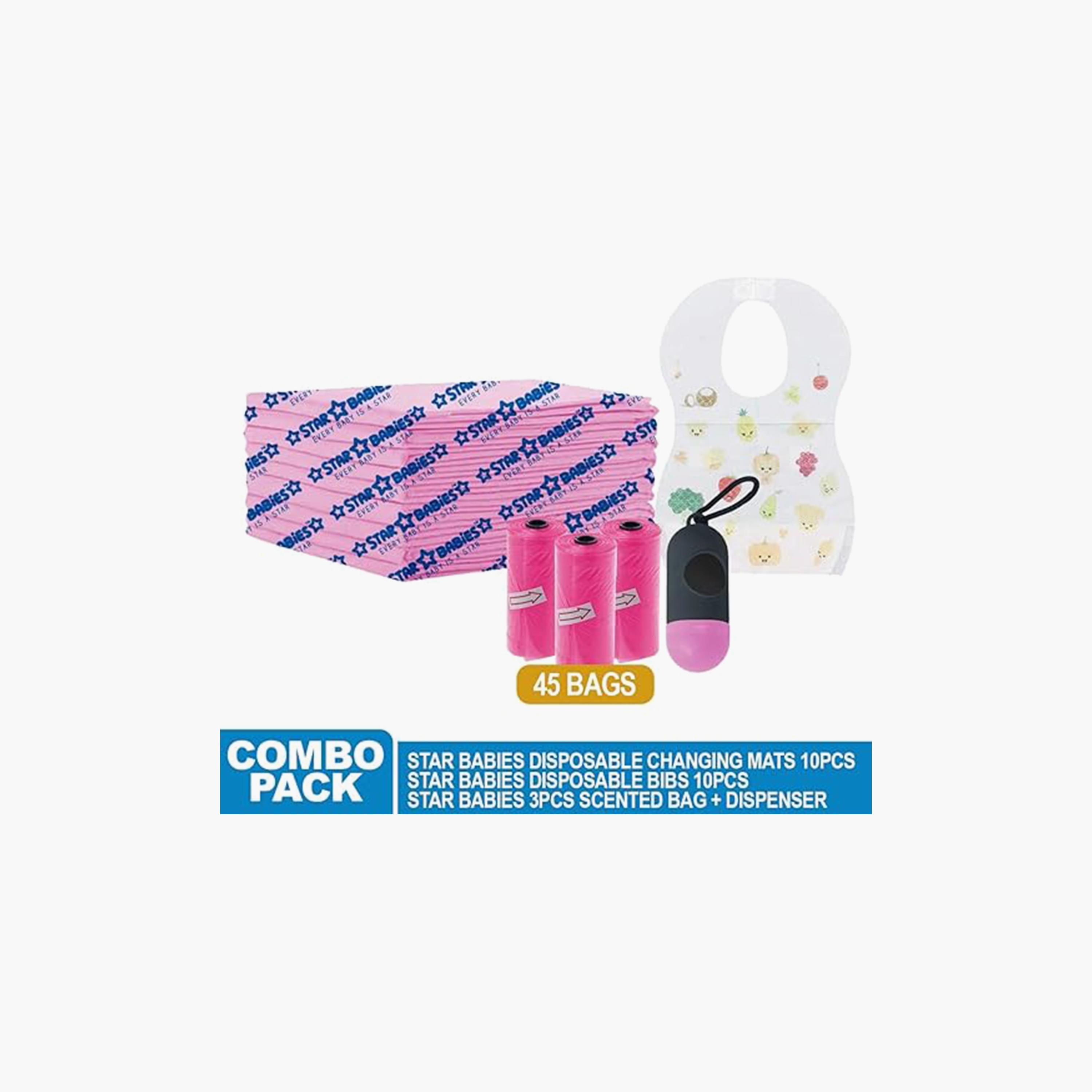 Star Babies 10-Piece Changing Mats, 45-Piece Scented Bags, Dispenser with 10-Piece Bibs Bundle-baby-feeding-bibs-image-2