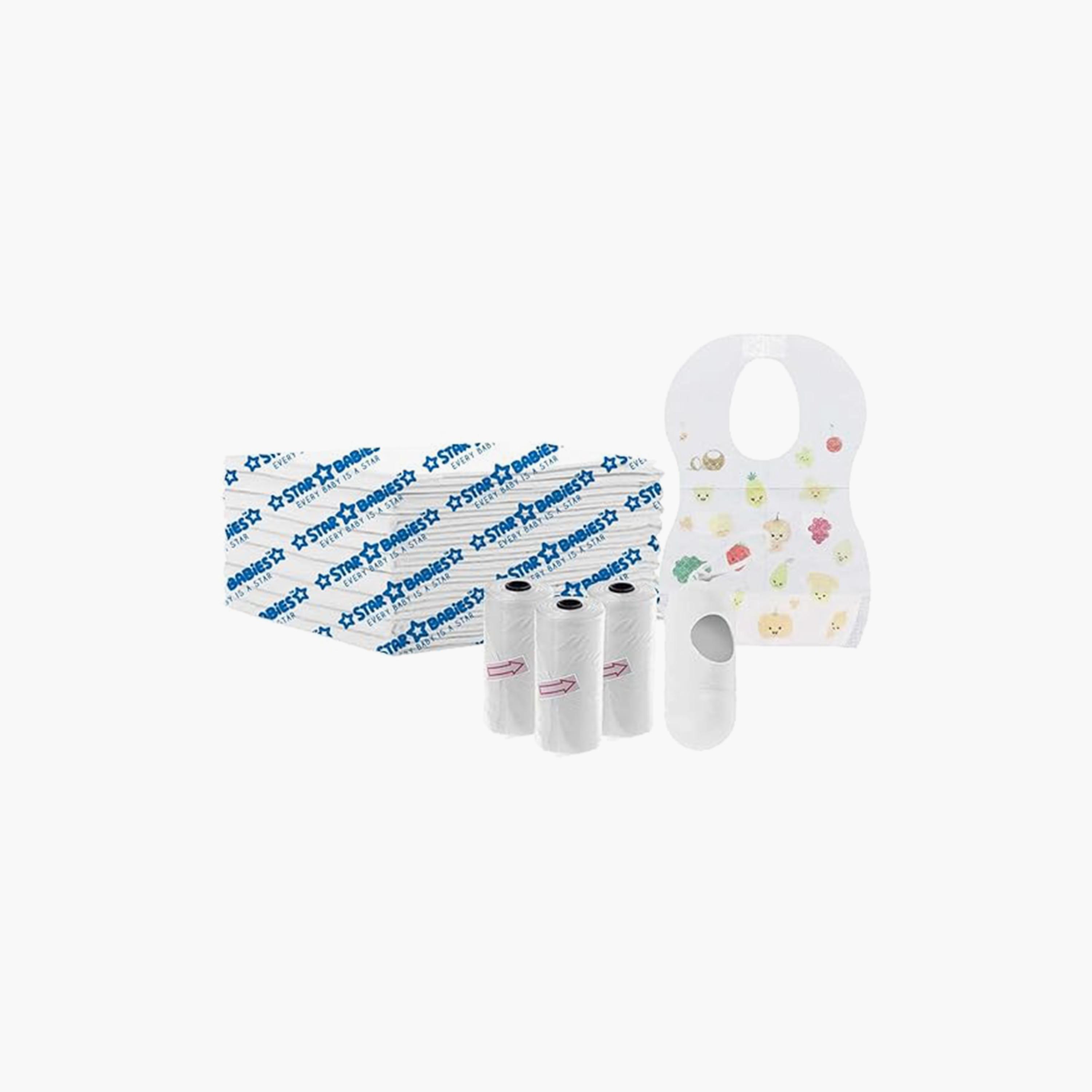 Star Babies 10-Piece Changing Mats, 45-Piece Scented Bags, Dispenser with 10-Piece Bibs Bundle-baby-feeding-bibs-image-1