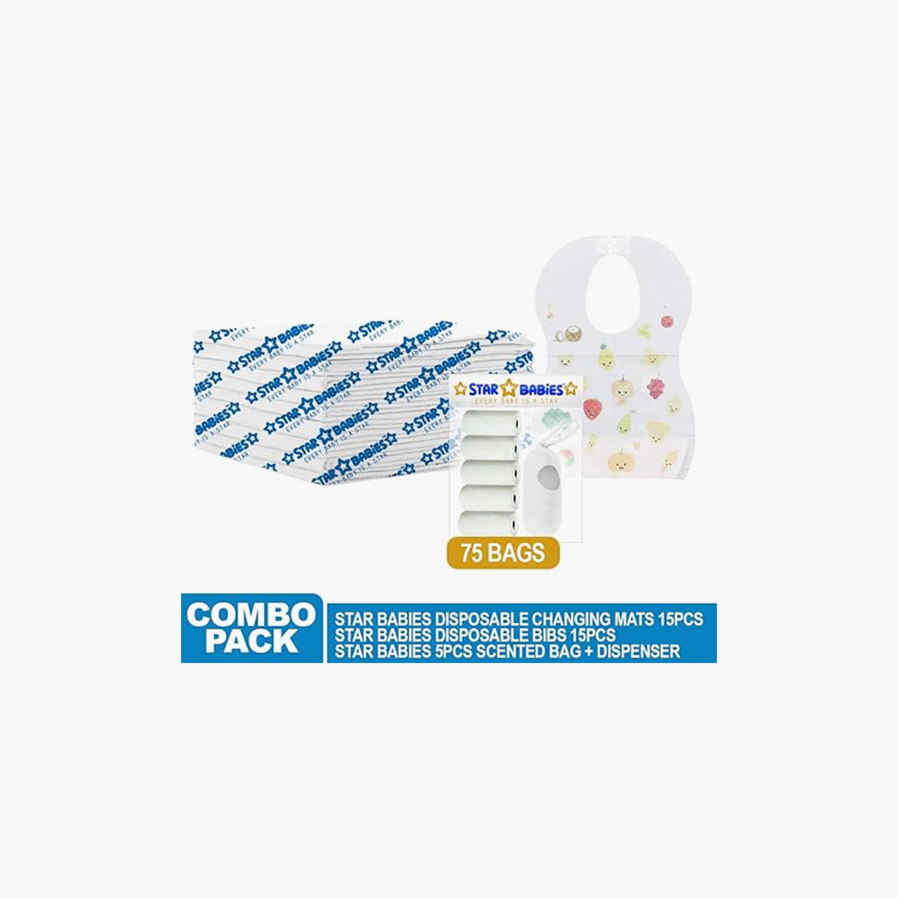 Star Babies 15-Piece Changing Mats, 75-Piece Scented Bags, Dispenser with 15-Piece Bibs Bundle-baby-feeding-bibs-image-2