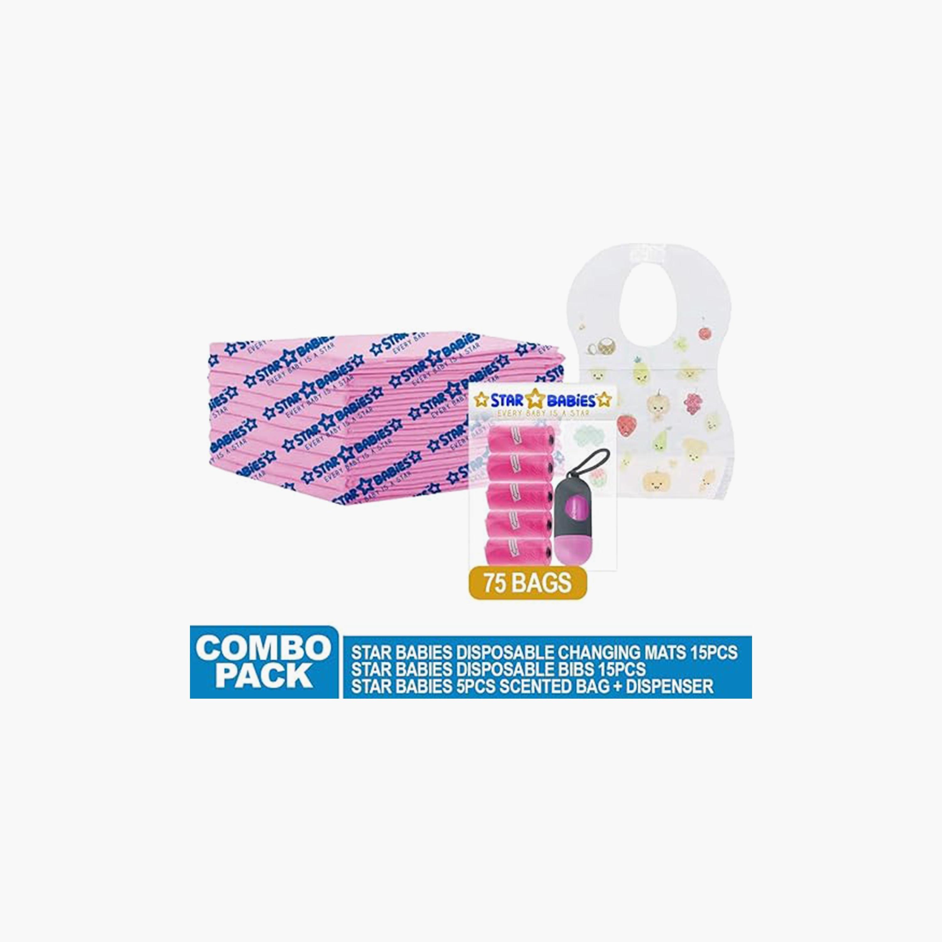 Star Babies 15-Piece Changing Mats, 75-Piece Scented Bags, Dispenser with 15-Piece Bibs Bundle-baby-feeding-bibs-image-2