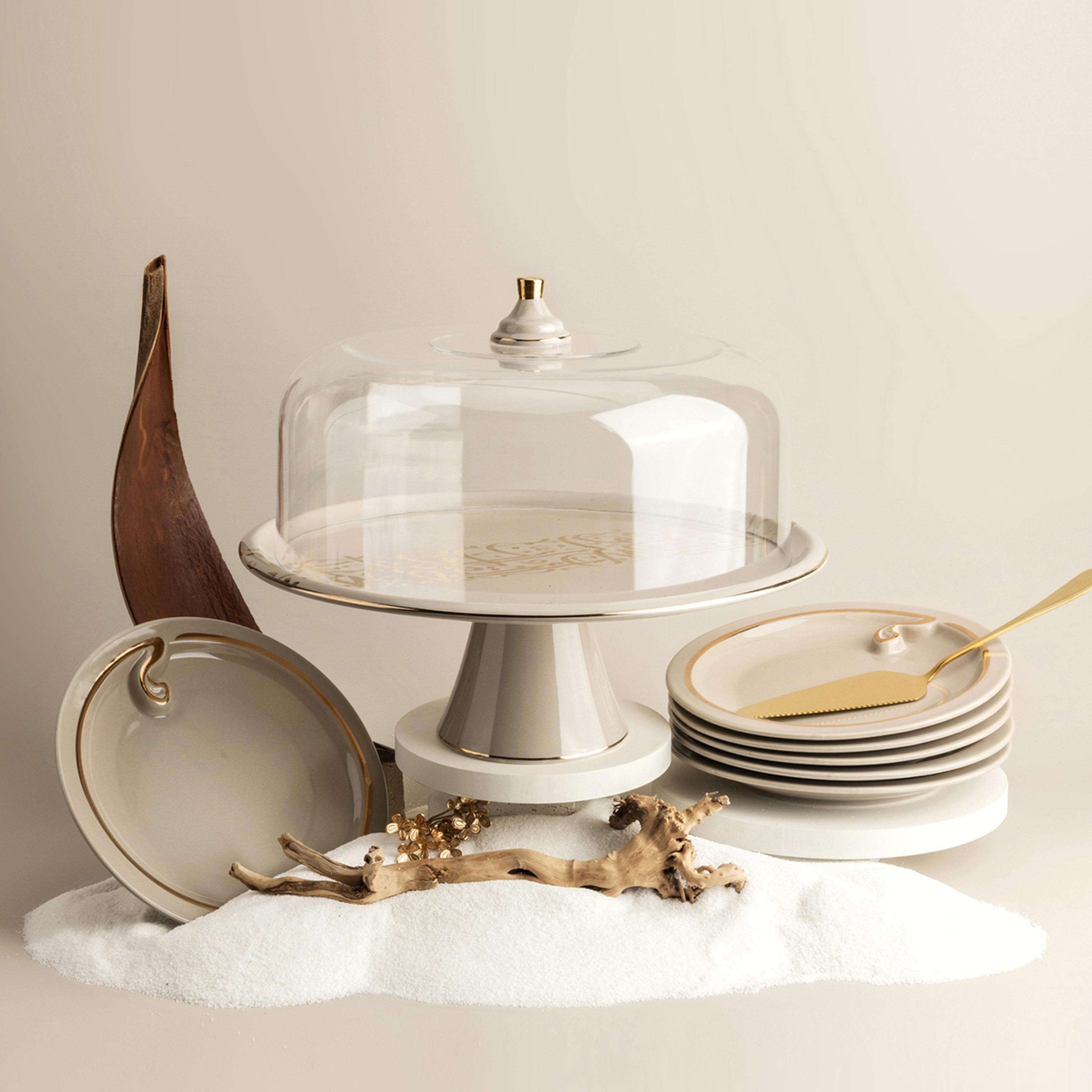 طقم تقديم كيك بورسلان 8 قطع بغطاء أكريليك نور من أوتانتيك-household-dining-serveware-cakestands-image-1