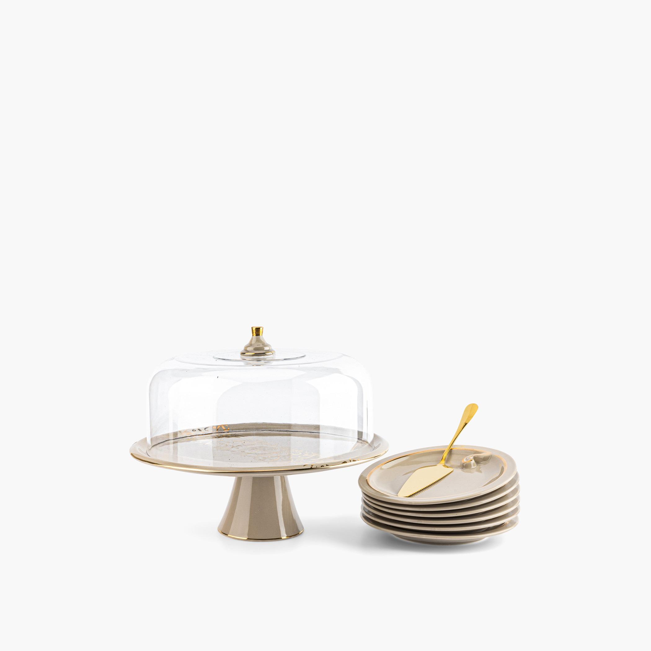 Nour 8-Piece Porcelain Cake Serving Set with Acrylic Cover-household-dining-serveware-cakestands-image-2