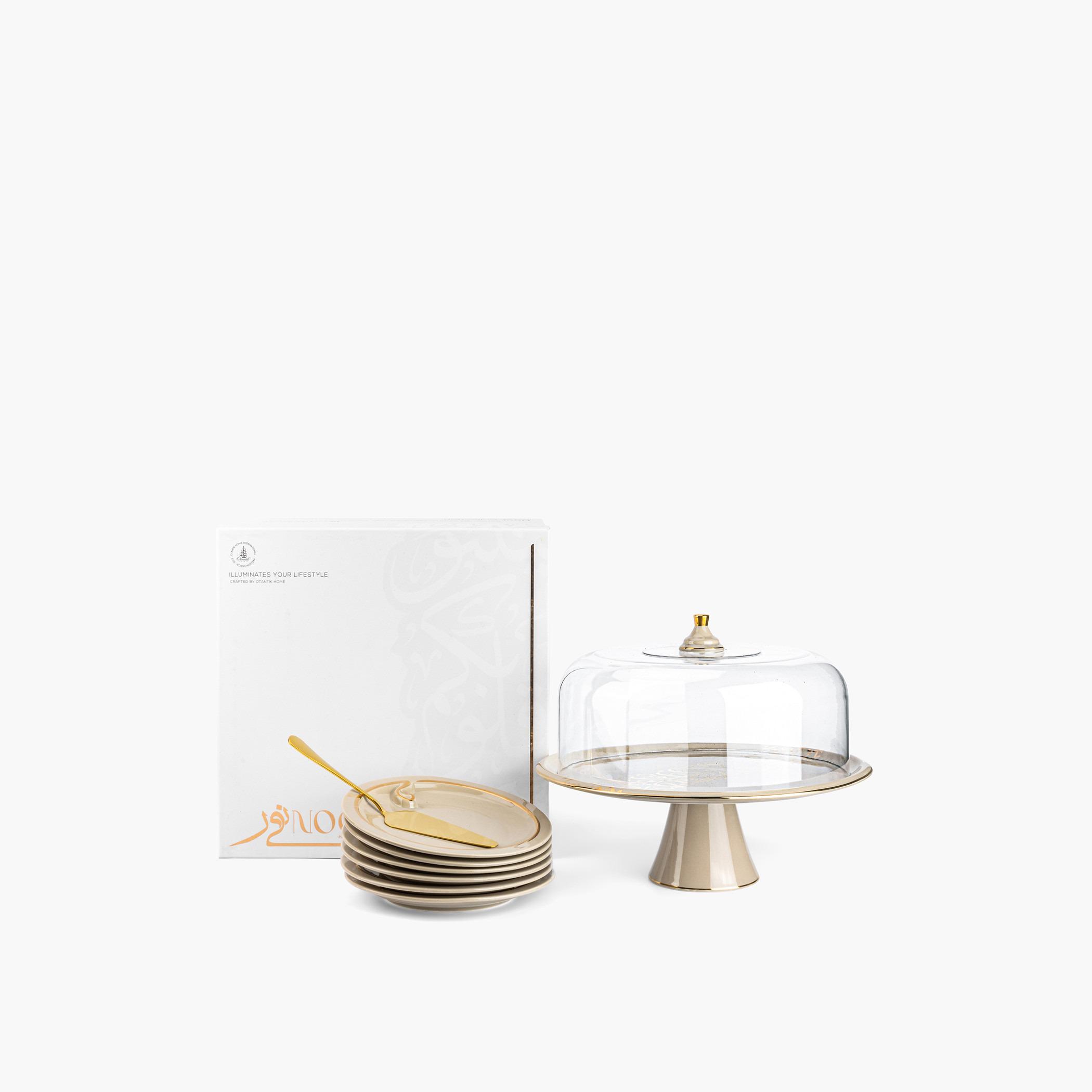 Nour 8-Piece Porcelain Cake Serving Set with Acrylic Cover-household-dining-serveware-cakestands-image-3