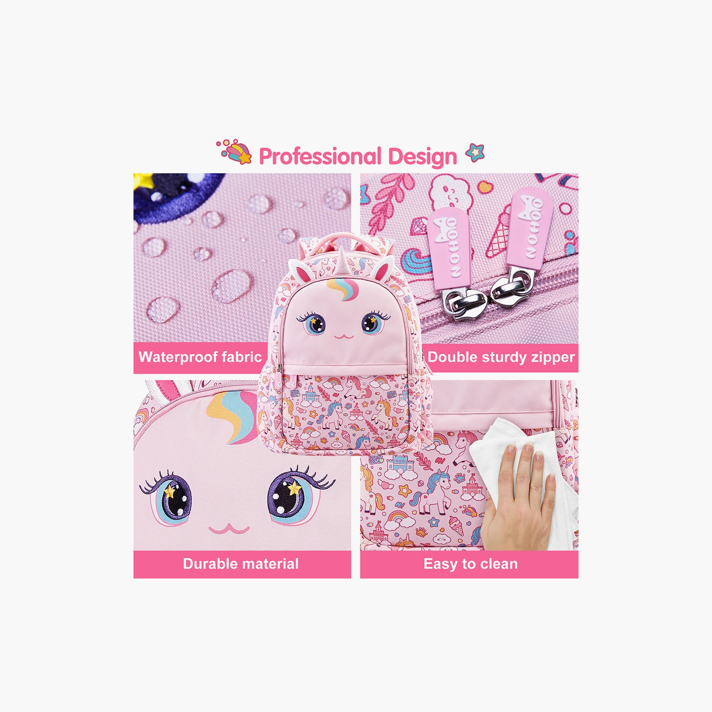 Nohoo School Bag with Lunch Bag Unicorn, Pink-school-bagsandbackpacks-backpacks-image-4