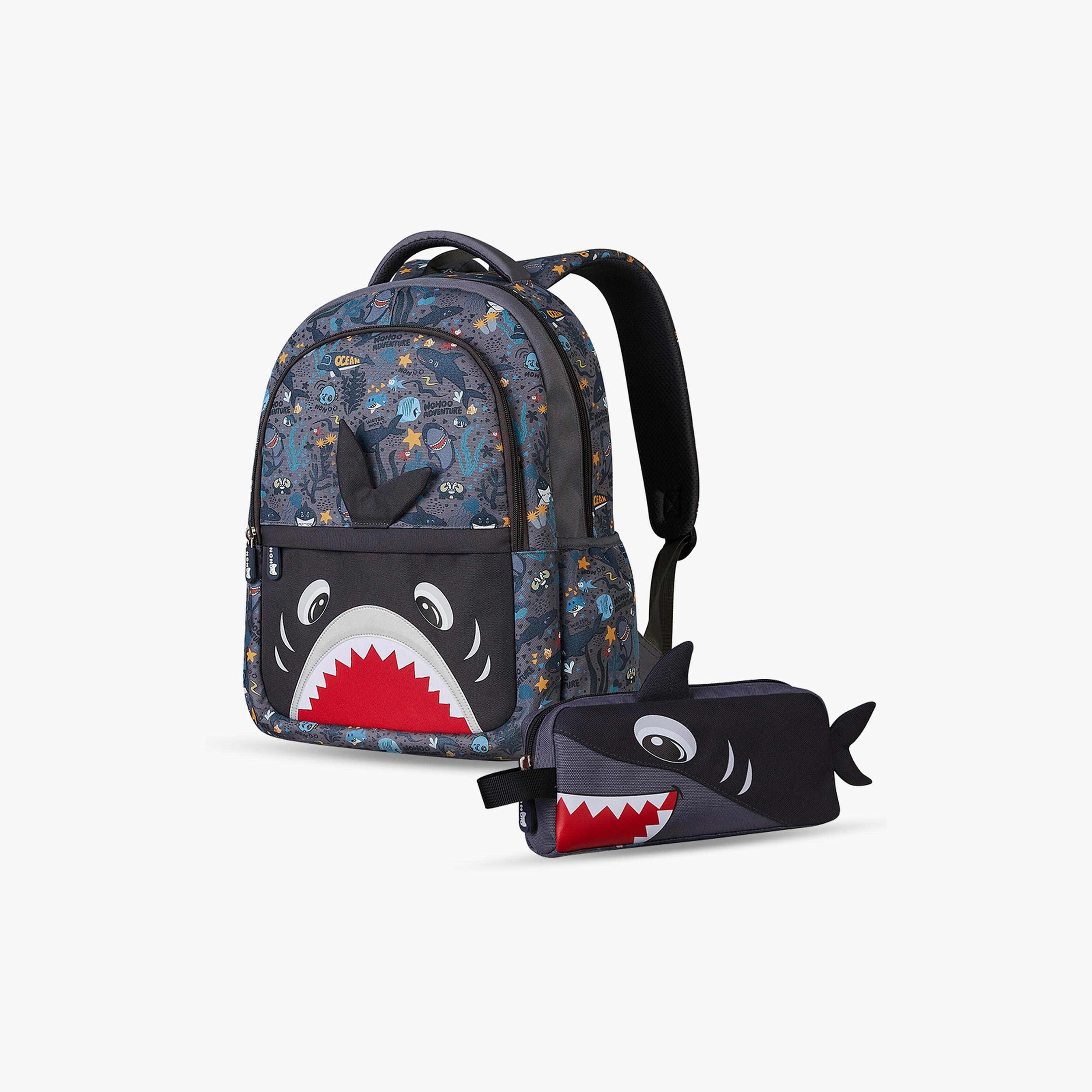 Nohoo School Bag with Pencil Case Shark, Grey-school-bagsandbackpacks-backpacks-image-1