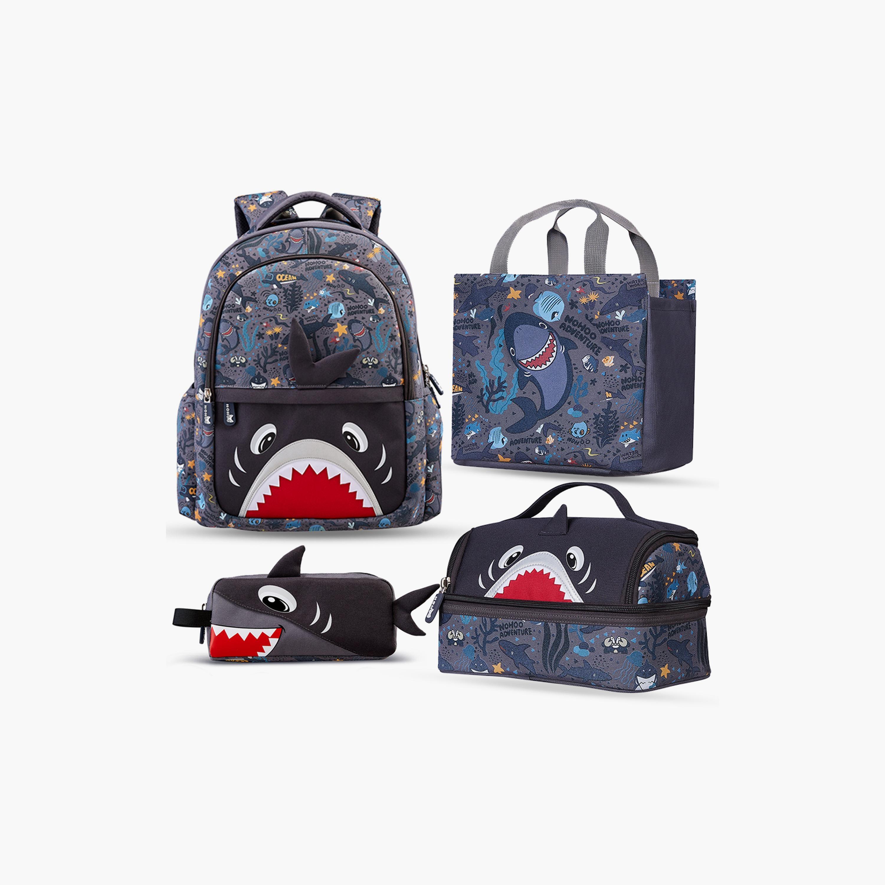 Nohoo School Bag, Lunch Bag, Handbag and Pencil Case Shark Set of 4, Grey-school-bagsandbackpacks-sets-image-1