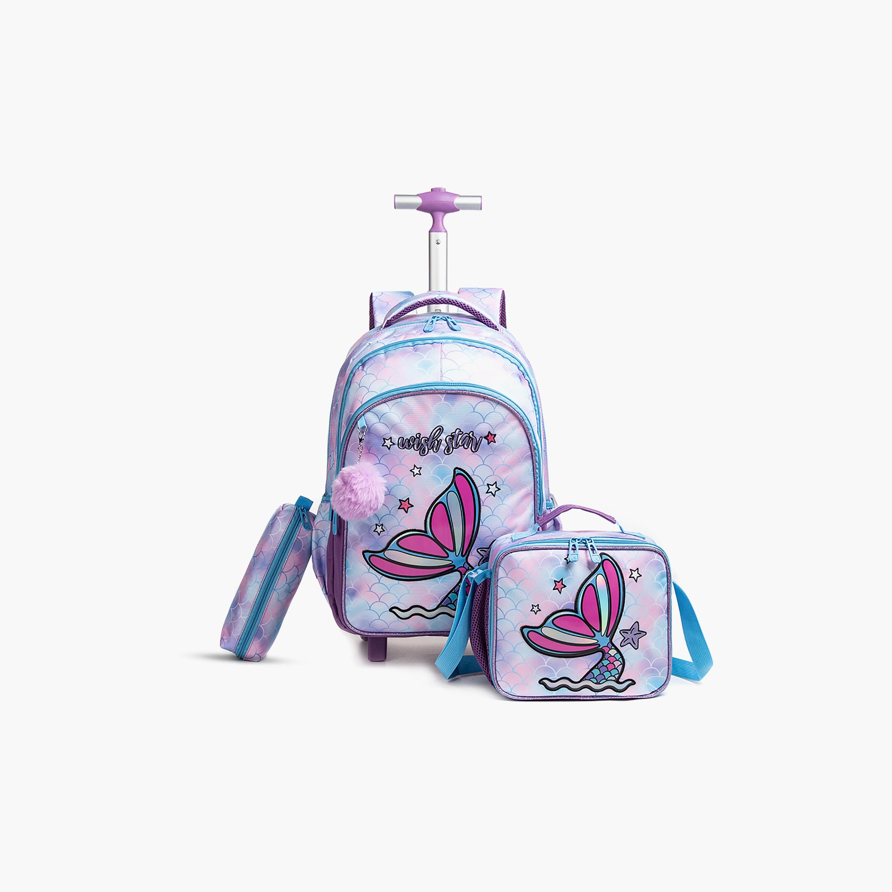 Eazy Kids 3-Piece 18InchTrolly School Bag with Lunch Bag & Pencil Case, Mermain, Purple-school-bagsandbackpacks-sets-image-1